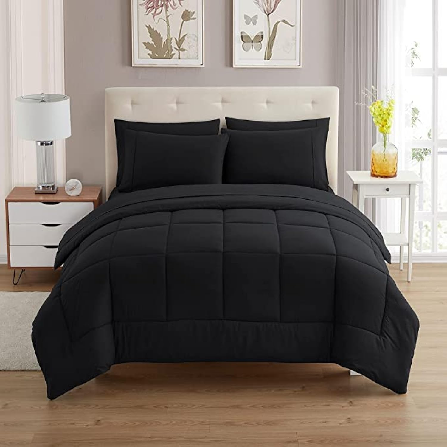 7 Piece Comforter Set Bag Solid Color All Season Soft down Alternative Blanket & Luxurious Microfiber Bed Sheets, Black, Queen