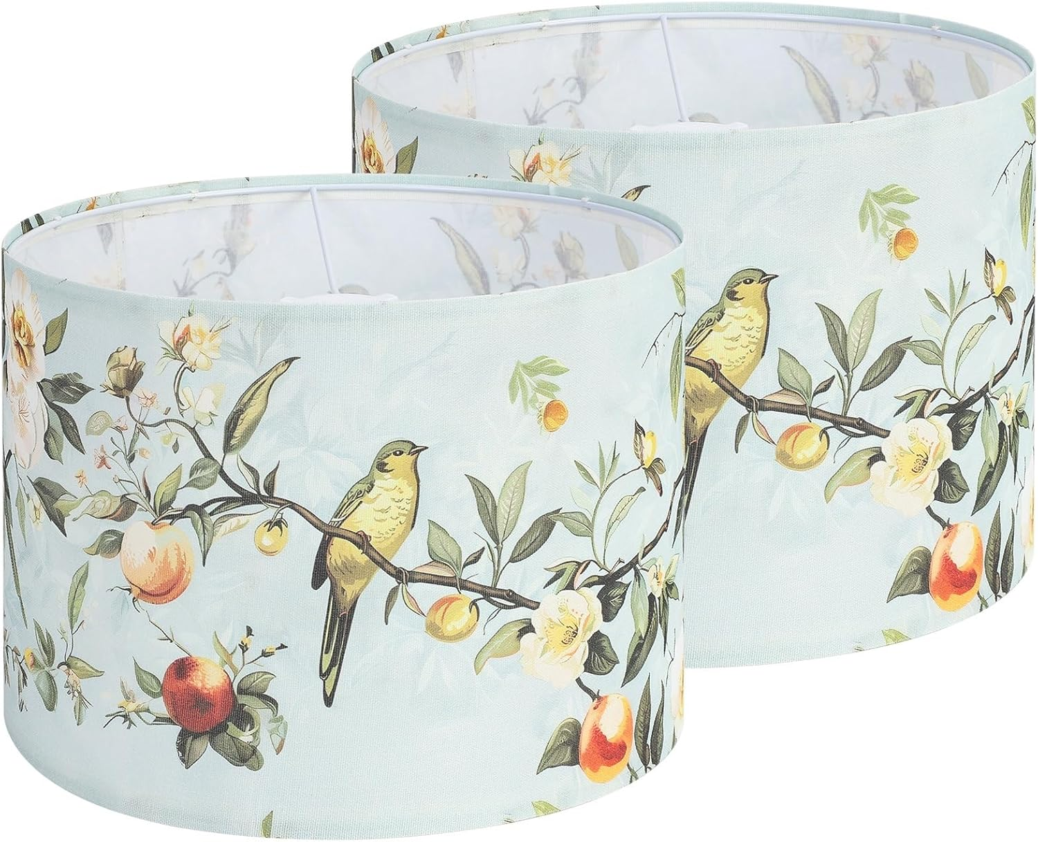 Drum Lamp Shades Set of 2, 13X13X10In Fabric Lamp Shade, Lampshade with Floral and Bird Print, Lamp Shades for Table Lamps, Support Spider and E26 Base