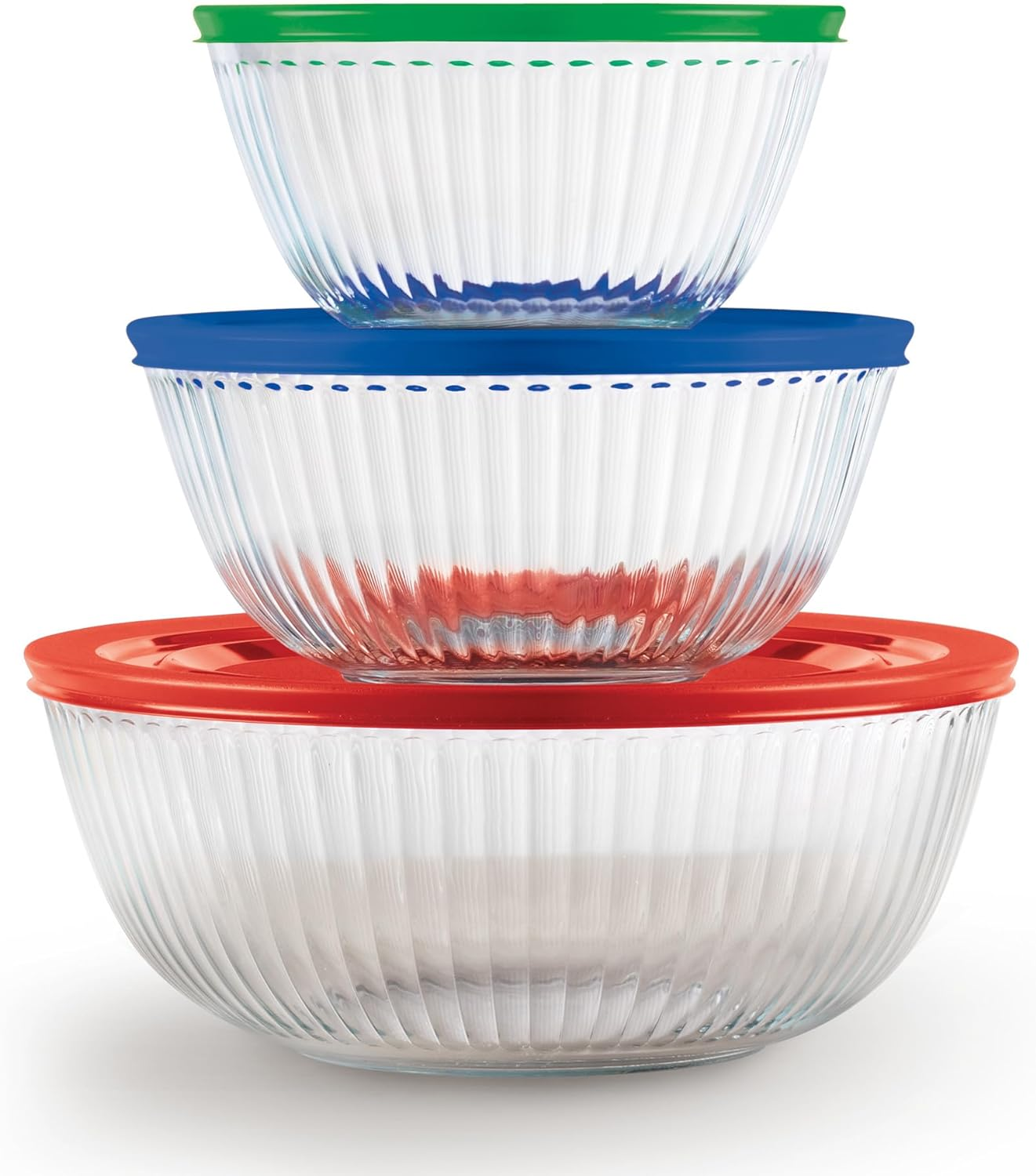 Sculpted (3-Pack) Glass Mixing Bowls Set with Plastic Lids for Prepping, Baking and Cooking, Preheated Oven, Dishwasher, Freezer, and Microwave Safe