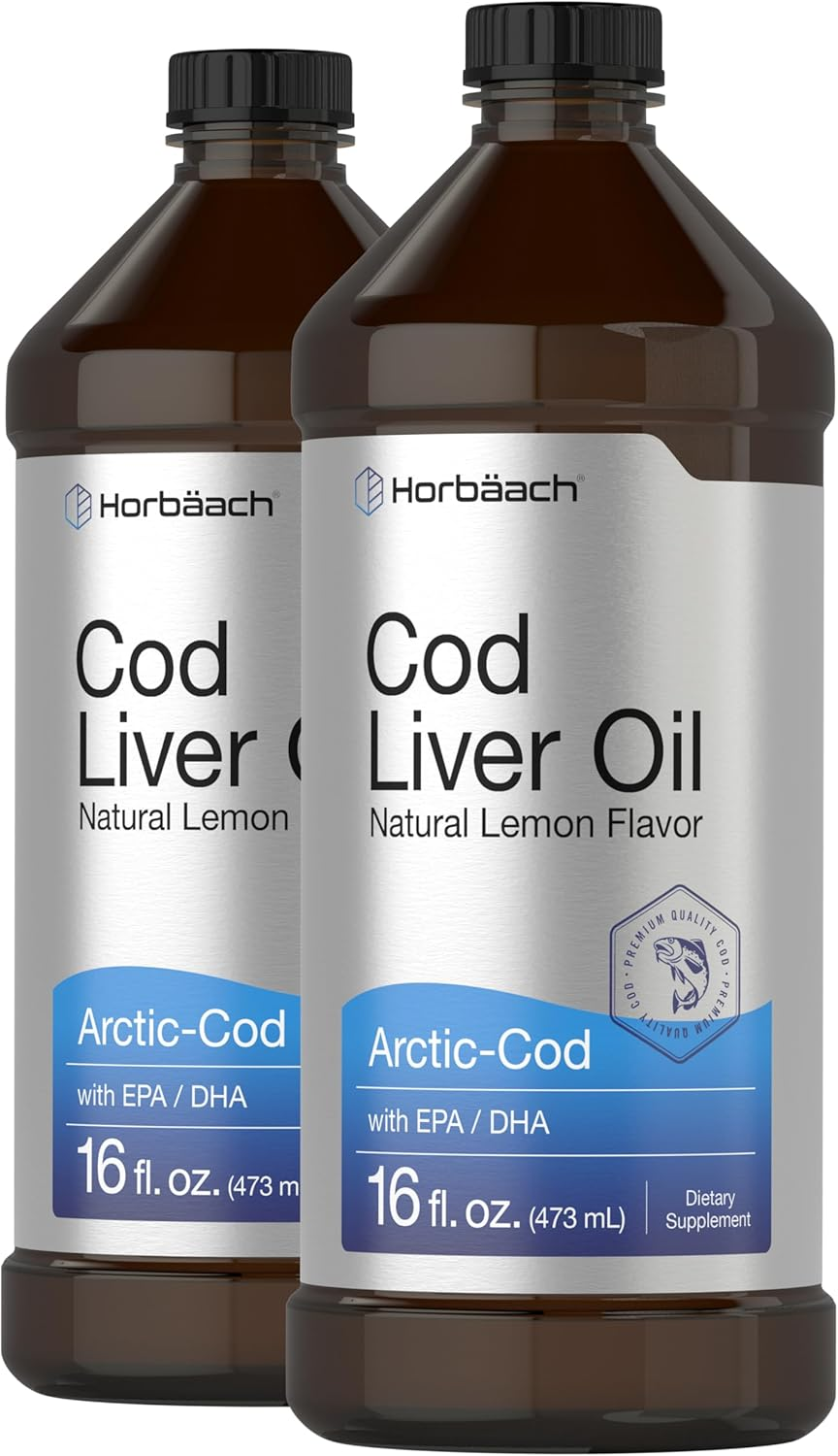 Cod Liver Oil Liquid, Lemon Flavor, 2x16 Oz, EPA DHA Omega 3,Non-GMO Gluten Free