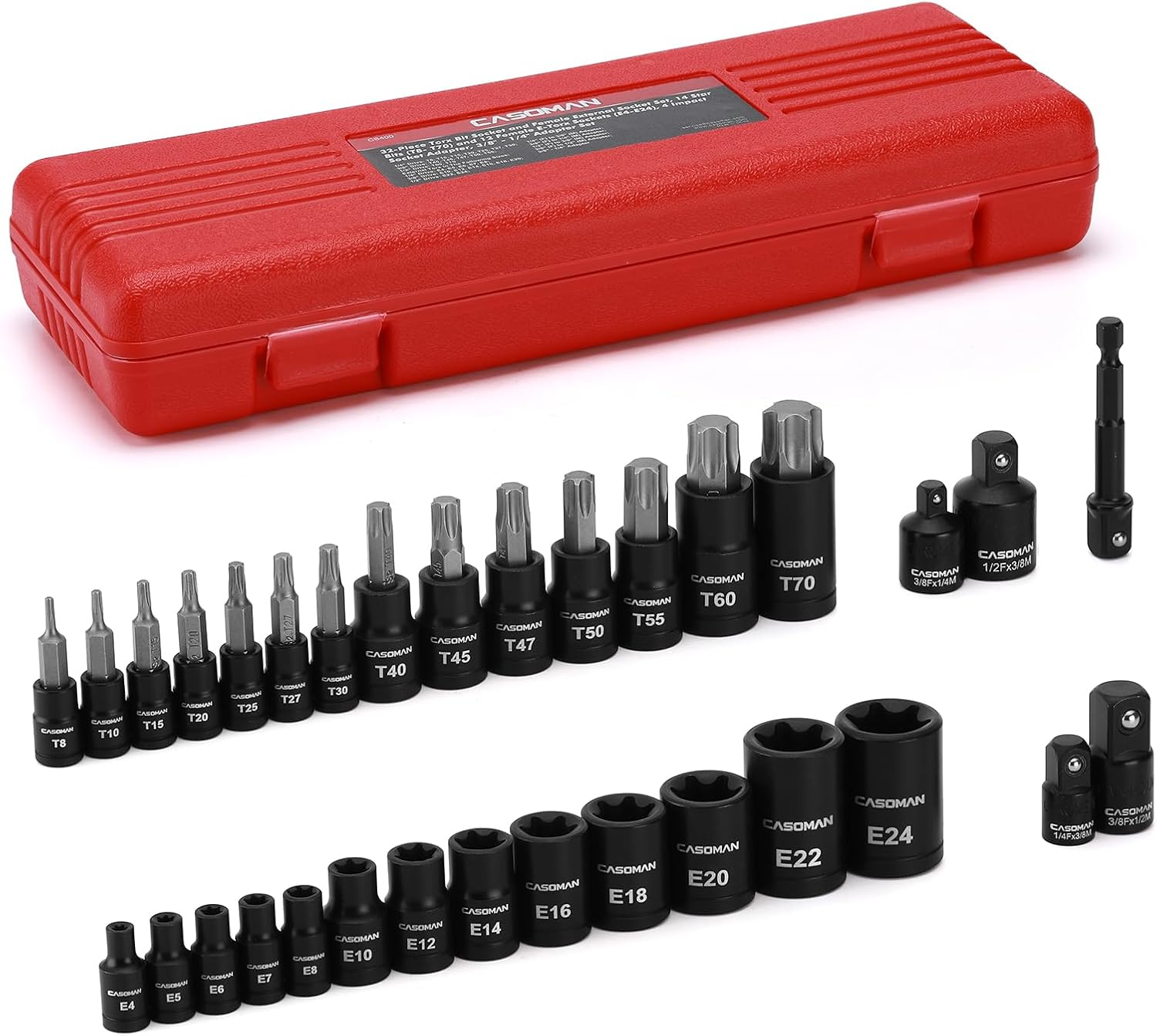 32-Piece Torx Bit Socket and Female External Socket Set, 14 Star Bits (T8- T70) and 13 Female E-Torx Sockets (E4-E24), Include 5 Impact Socket Adapter