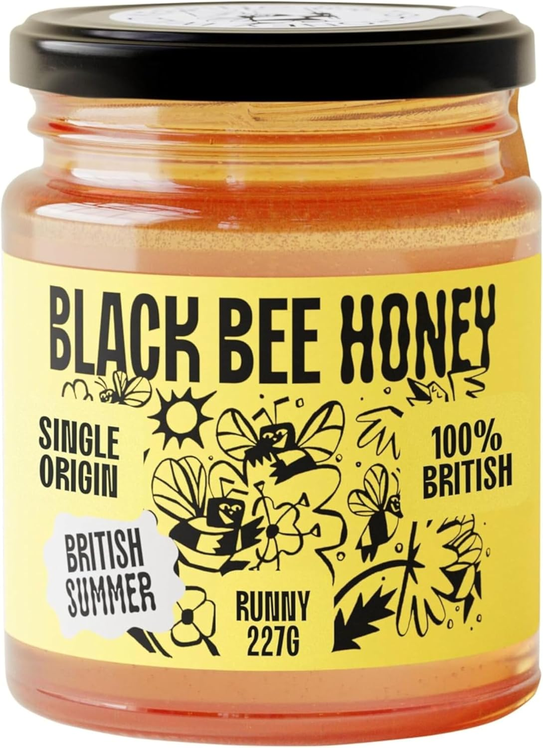 British Pure Summer Honey Black Bee Natural 227G - Glass Jar-UK