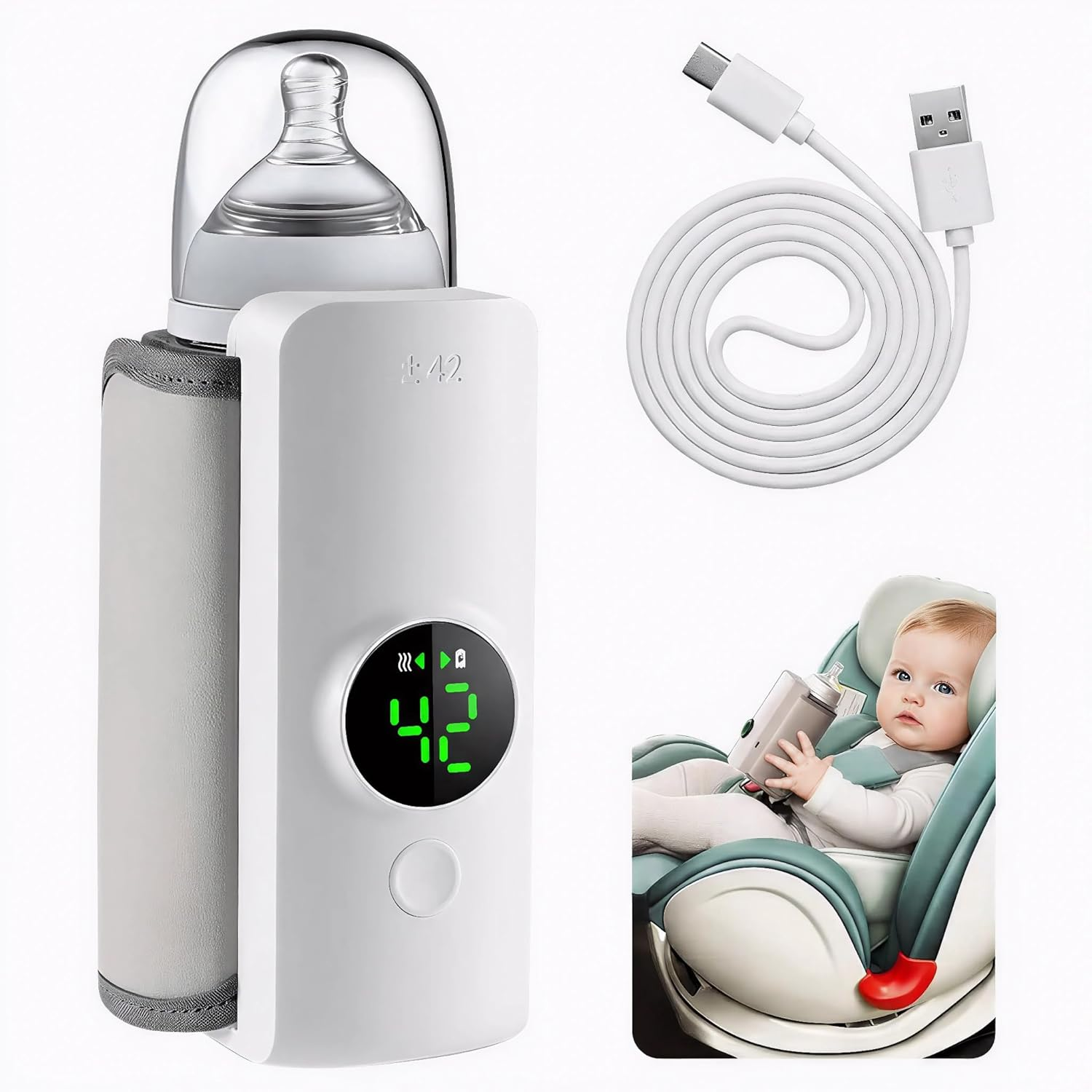 Portable Baby Bottle Warmer for Travel, Fast Heating & Precise Temp Control, Cordless Rechargeable Milk Warmer with LED Display, Waterless & Even Warming for Breastmilk on the Go