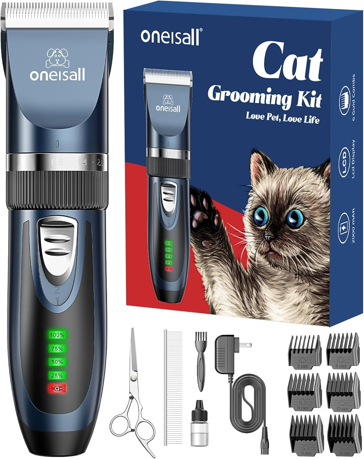Oneisall Quiet Cat Clippers for Matted & Long Hair, 2-Speed Cordless Pet Shaver Grooming Kit for Cats, Small Dogs & Animals (Blue)