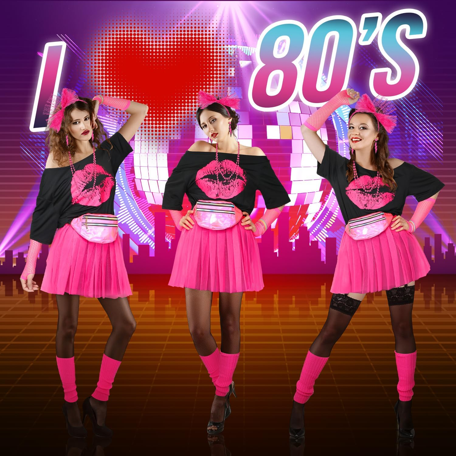 SlowTon 80s Outfits Costumes Accessories for Women - 1980s Fancy Dress with P... - Picture 8 of 14