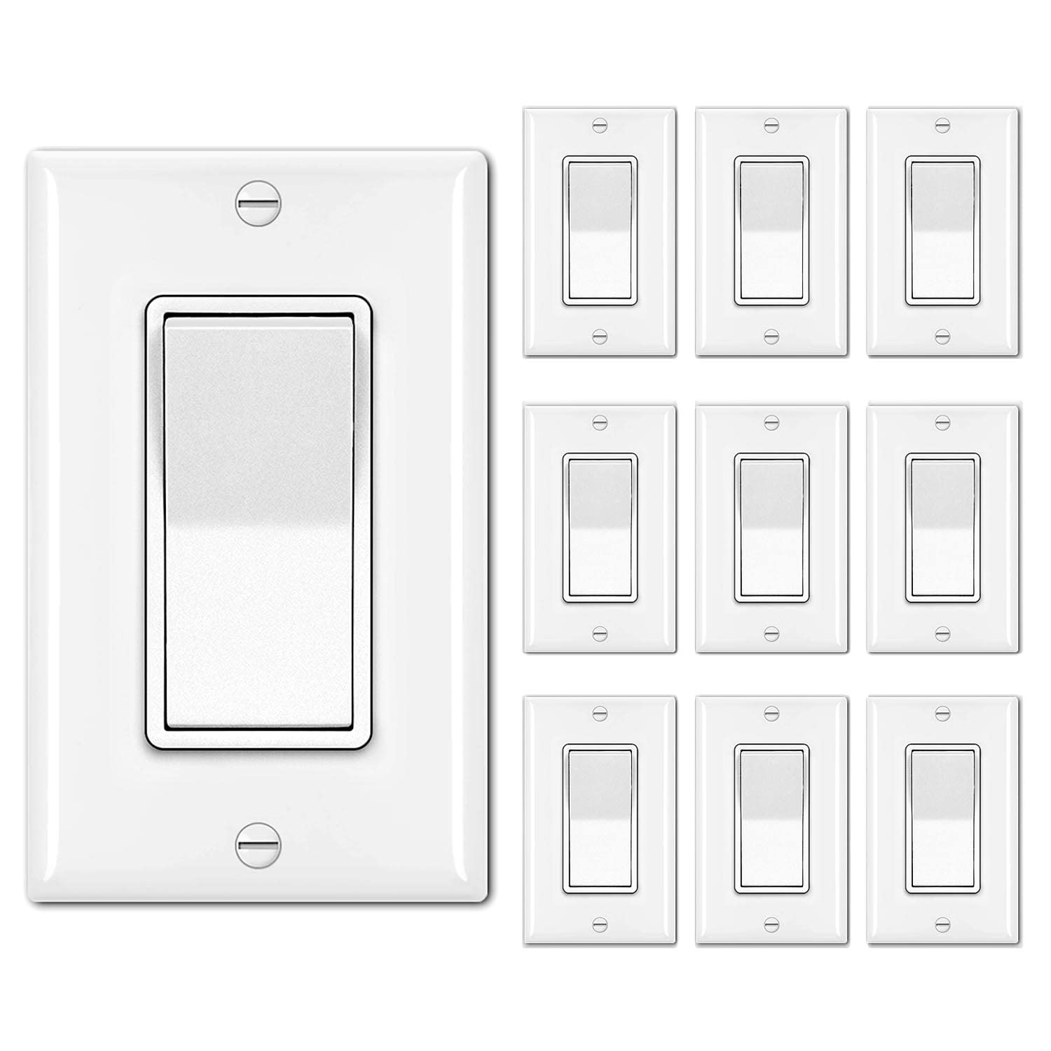 [10 Pack] Single Pole Decorator Wall Light Switch with Wallplate, 15A 120/277V, On/Off Rocker Paddle Interrupter, cUL Listed, White