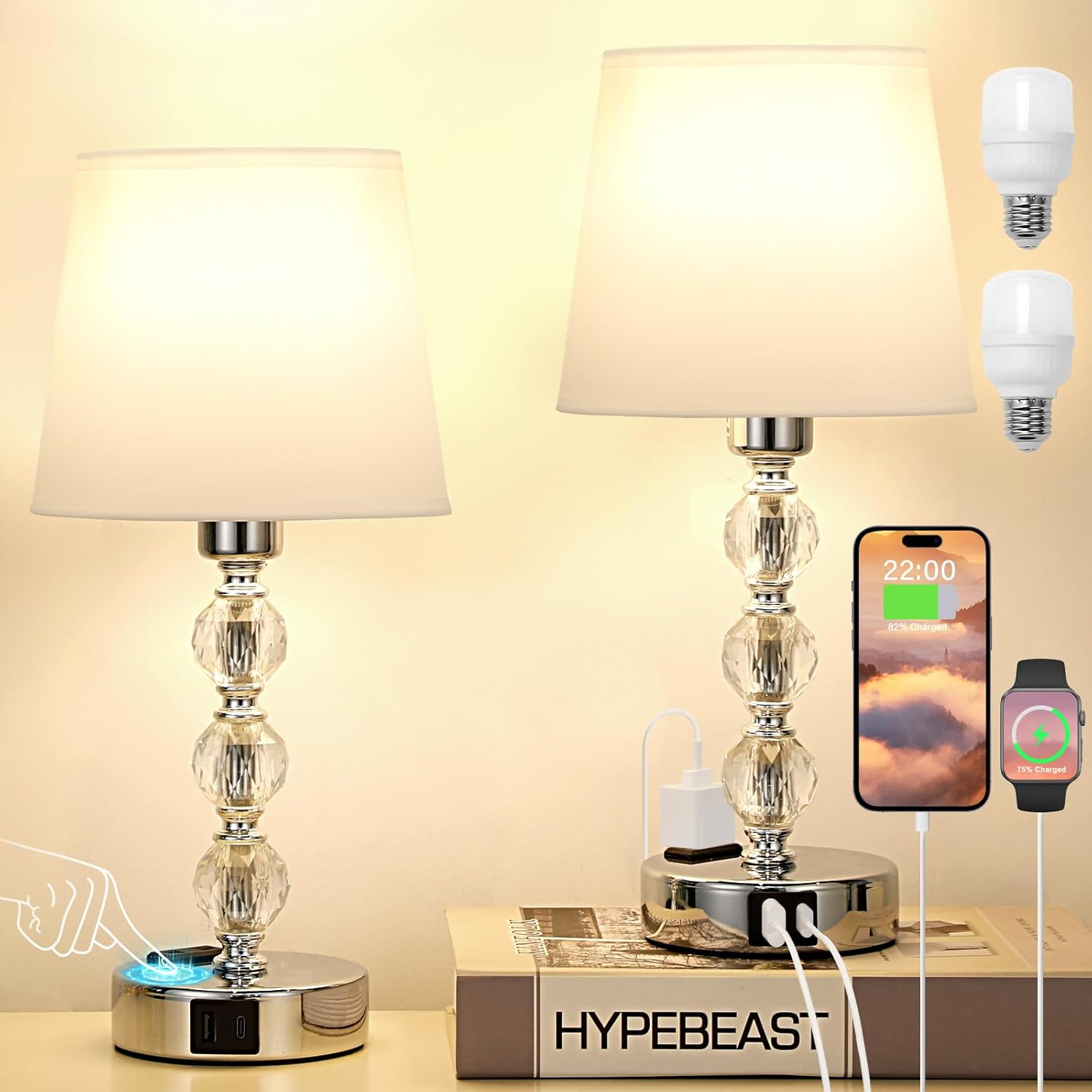Set Di 2 Lampade Da Comodino in Cristall, Abat Jour Da Comodino Touch Dimmerabile a 3 Vie Con Porte USB-A+C+2 Presa CA, Lampada Da Tavolo per Camera Da Letto Soggiorno Ufficio(2 Lampadine Incluse)
