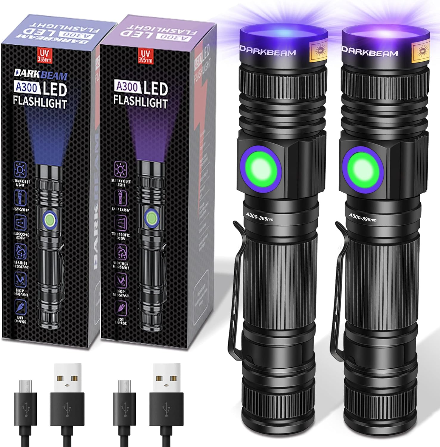 UV Flashlight 365nm & 395nm Blacklight Rechargeable USB, Wood’s Lamp Ultraviolet Black Light LED Portable with Clip - Detector for Pet Cat Urine, Stains, Resin Curing, Uranium Glass, 2 Pack