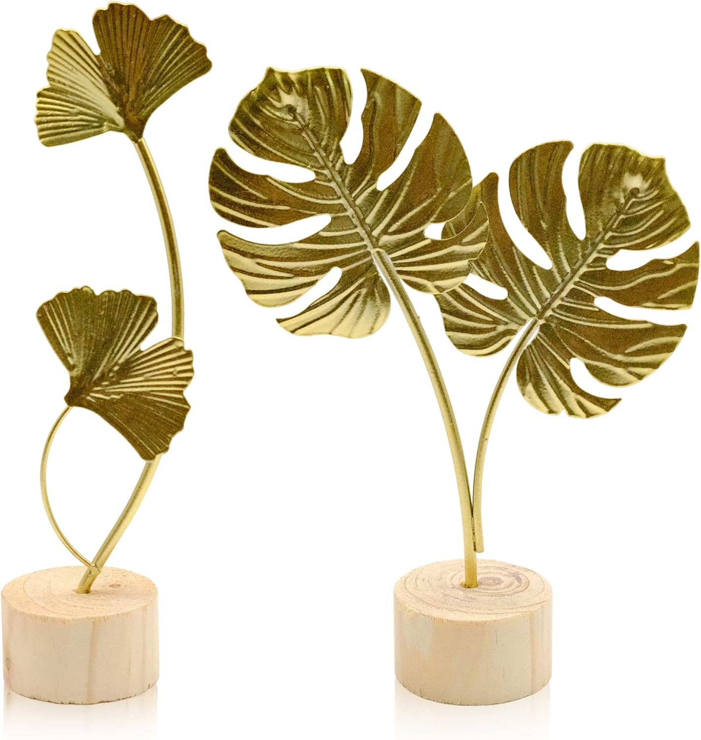 2 Pcs Metal Gold Decor Statues, Leaves Ornaments Modern Creative Home Décor Accents Statue for Office, Room, Bookshelf, Home Decor (Monstera, Ginkgo)