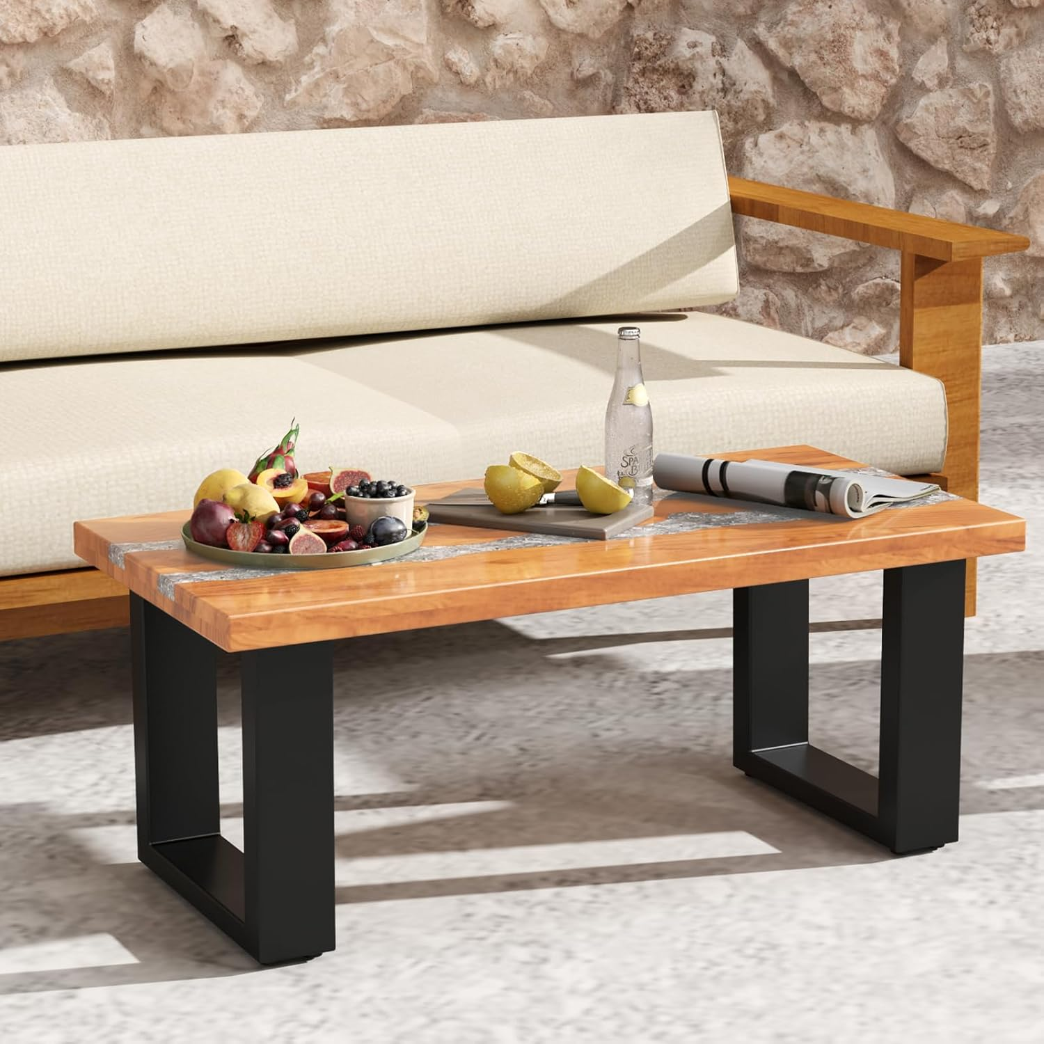 Teak Outdoor Coffee Table, Rectangular Resin Side Table with River
