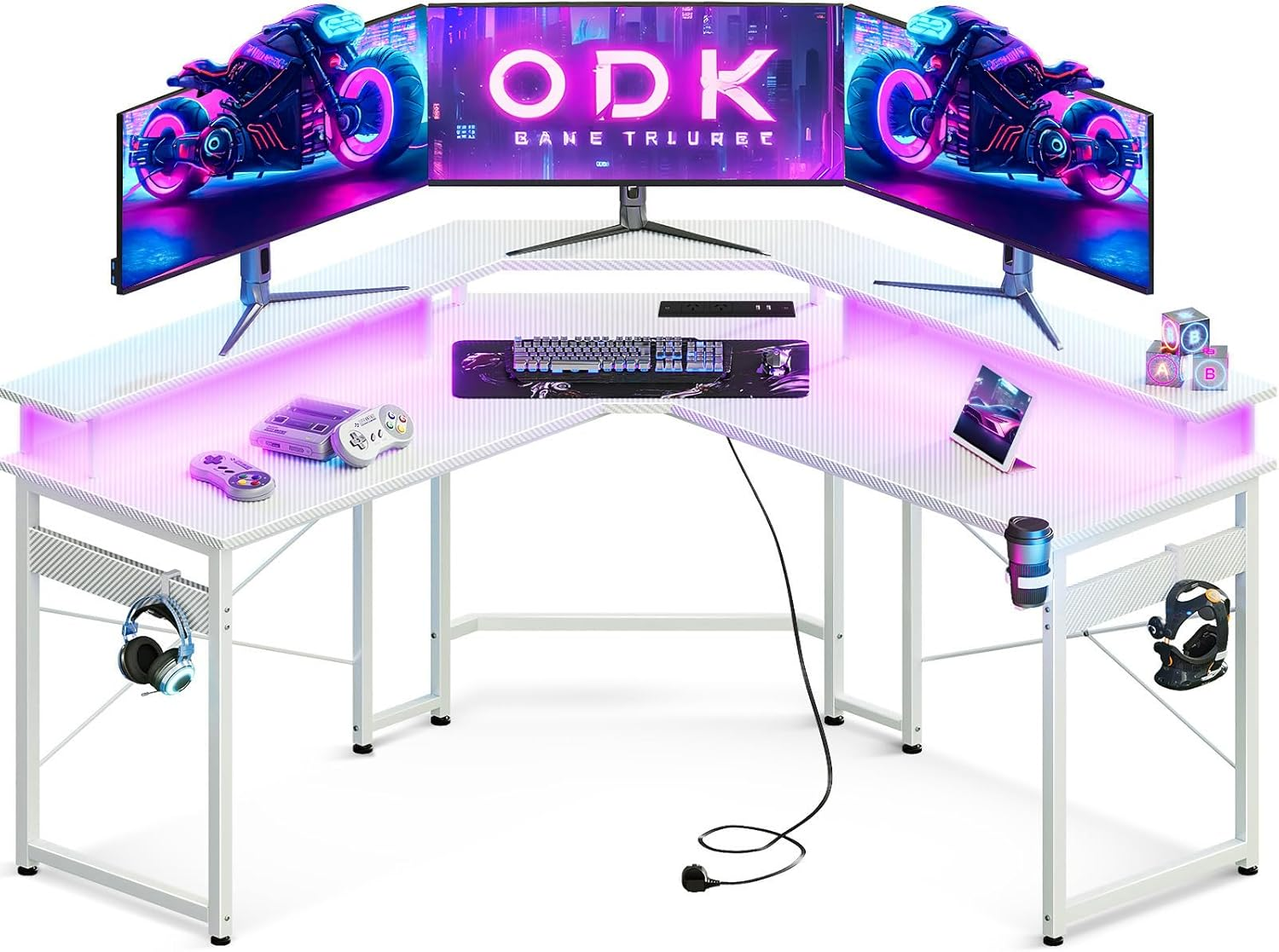 ODK Gaming Desk L Shaped with 10 Colour Lights&Power Outlet, L Shaped Desk Co... - Picture 10 of 14
