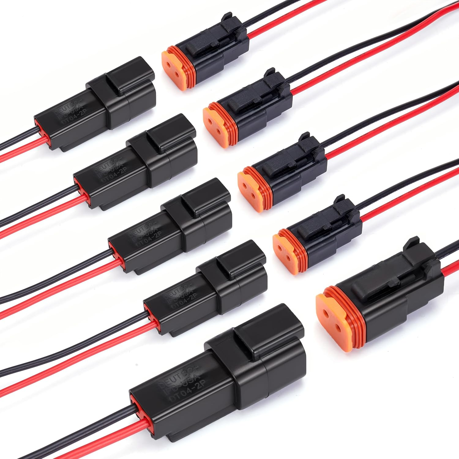 2 Pin DT Connector Waterproof 2 Wire Connector Deutsch Automotive Electrical Connector Male Female Plug with 16 AWG Cable,For Car,Truck,Boat,Led Work Light.5 Pairs(2P DT Black)