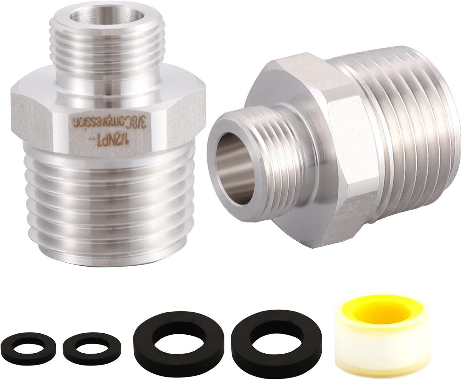 304 RV Faucet Adapter（Lead-Free）, 1/2 to 3/8 Reducer Faucet Adapter - Stainless Steel 3/8 Compression Fittings, Water Supply Fitting for RV Kitchen Piping, (Set of 2)