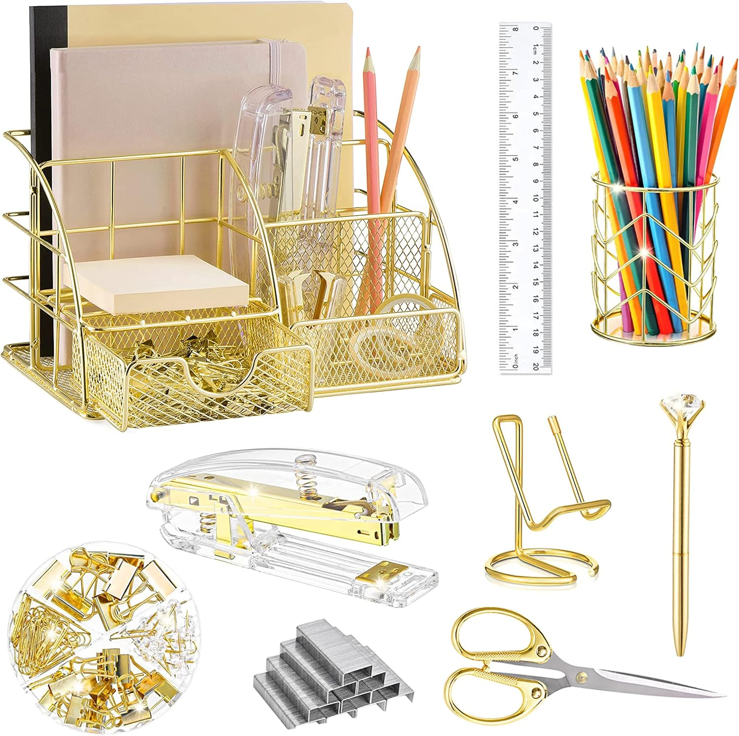 Gold Desk Organizers and Accessories Office Supplies Set Stapler, Pen Holder, Phone Holder, Scissors, Pen, Ruler, 30 Paper Clips, 22 Binder Clip, 20 Tacks and 1000Pcs Staples (Gold)