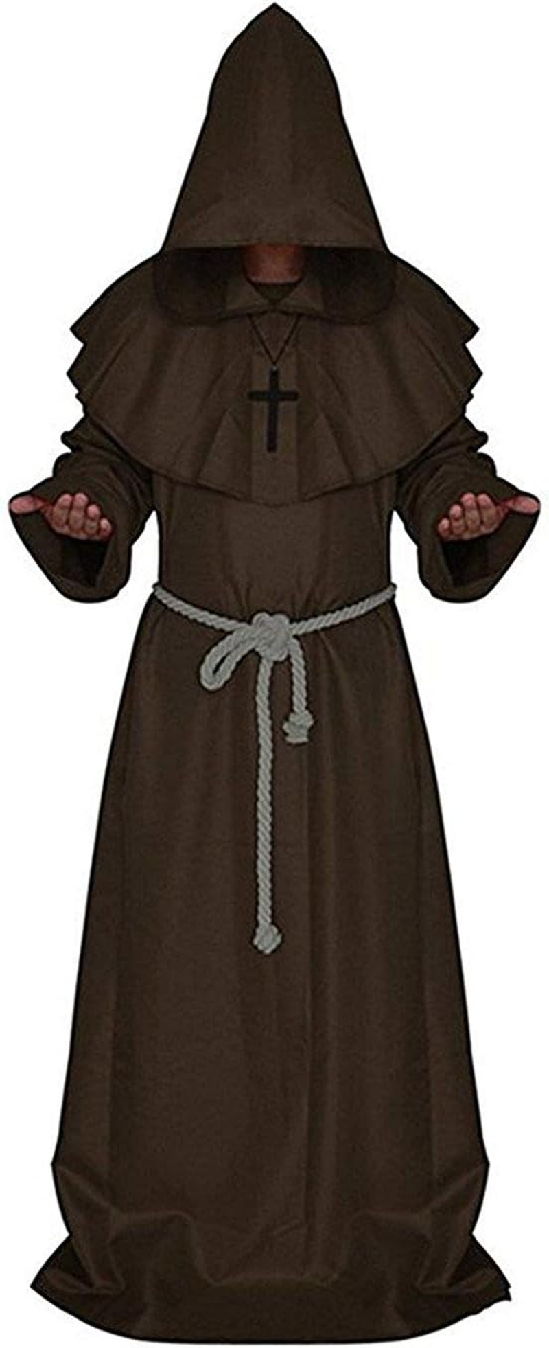 Friar Medieval Hooded Monk Renaissance Priest Robe Costume Cosplay Large Brown