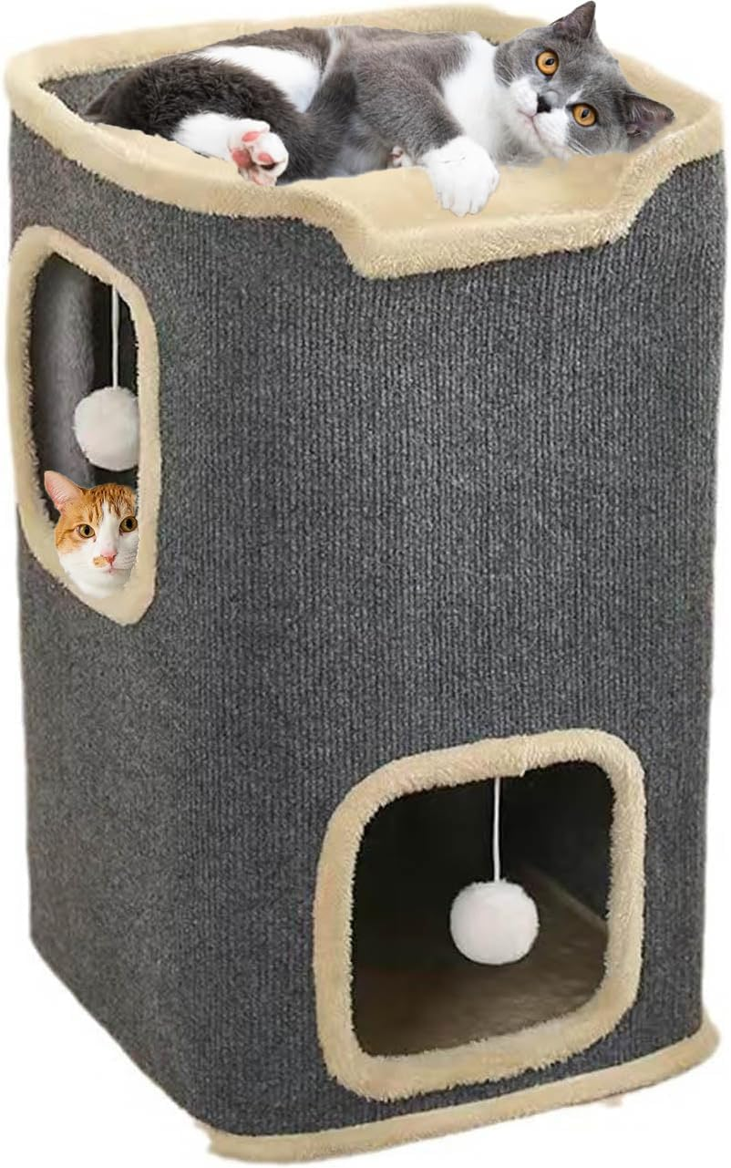 2-Storey Cat House for Indoor Cats Bed Cube, Covered Cat Cave Beds Furniture with Ball Hanging, Modern Cat Hideout Condos for Multi Pet Large Kitten, Grey