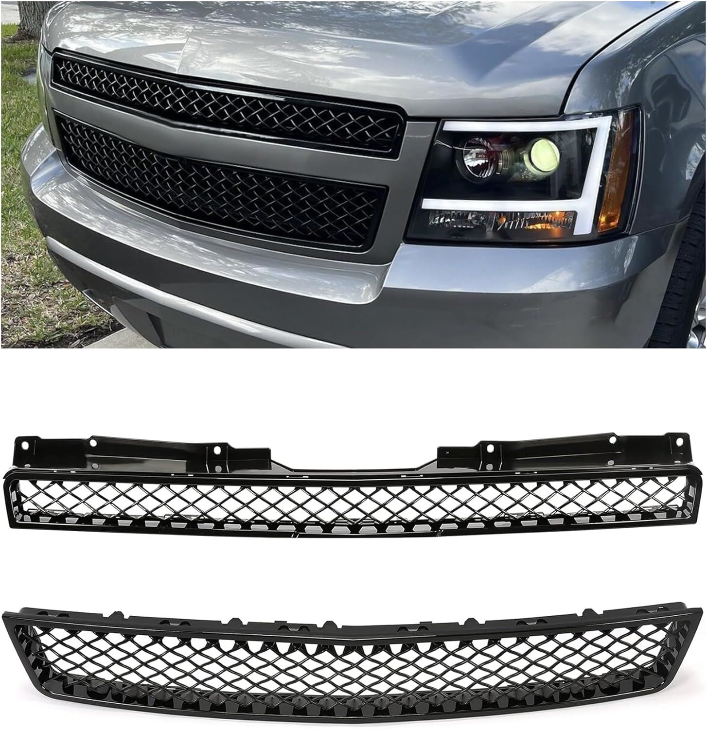 Upper & Lower Mesh Grille Compatible with 2007-2014 Chevy Chevrolet Avalanche Tahoe Suburban 1500 2500 for GM1200596 GM1200563 GM1200590 GM1200609 - Painted Black