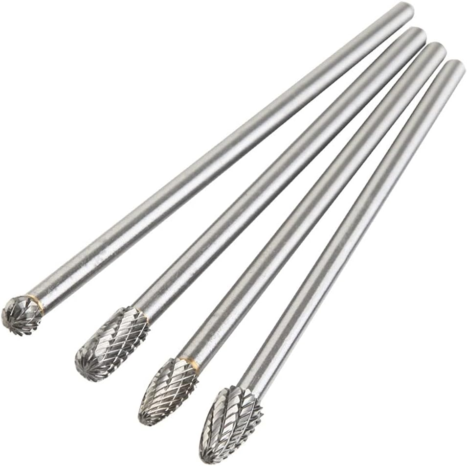 6-Inch Long Carbide Rotary Burr Set 6 Mm (0.25 Inch) Shank Long Reach Double Cut Tungsten Carbide Rotary File Set Fits Rotary Tool for Woodworking Drilling Carving Engraving, 4Pcs