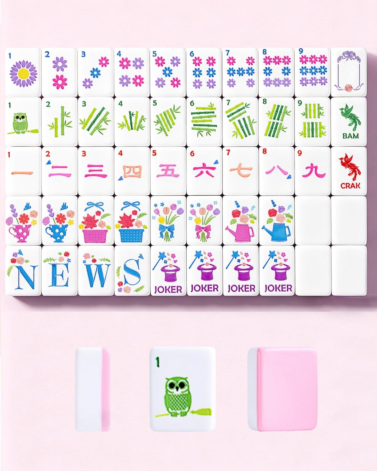 Mahjong Tile Set 1.2’’ 160 Acrylic Engraved American Mah Jongg Game Tiles with PU Bag 6 Dice Accessories Gifts for Majong Players Beginners Cute Pink Blossom