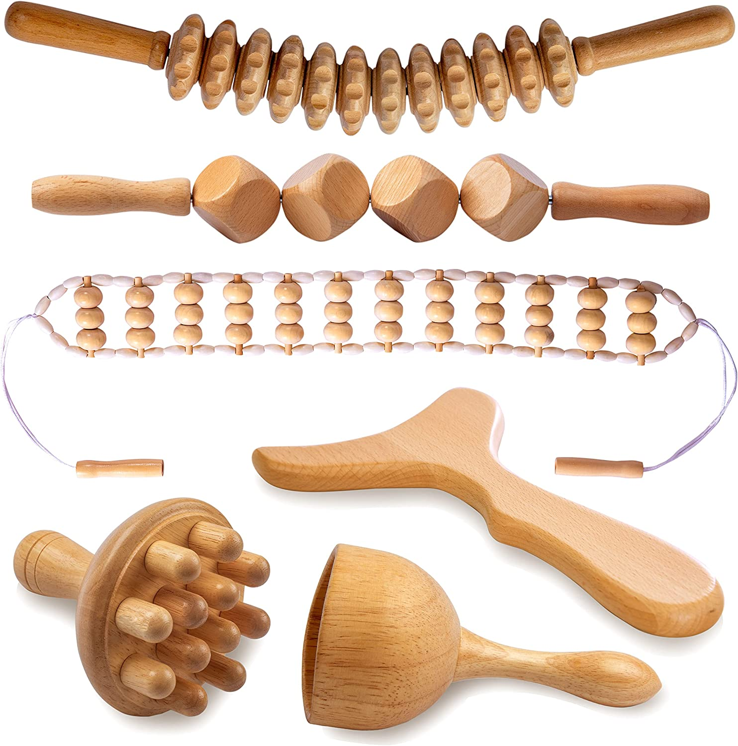 6 in 1 Wood Therapy Massage Tools, Maderoterapia Kit, Wood Therapy Set, Lymphatic Drainage Massager, Wooden Gua Sha Tools, Wooden Massager Roller Rope for Body Shaping anti Cellulite