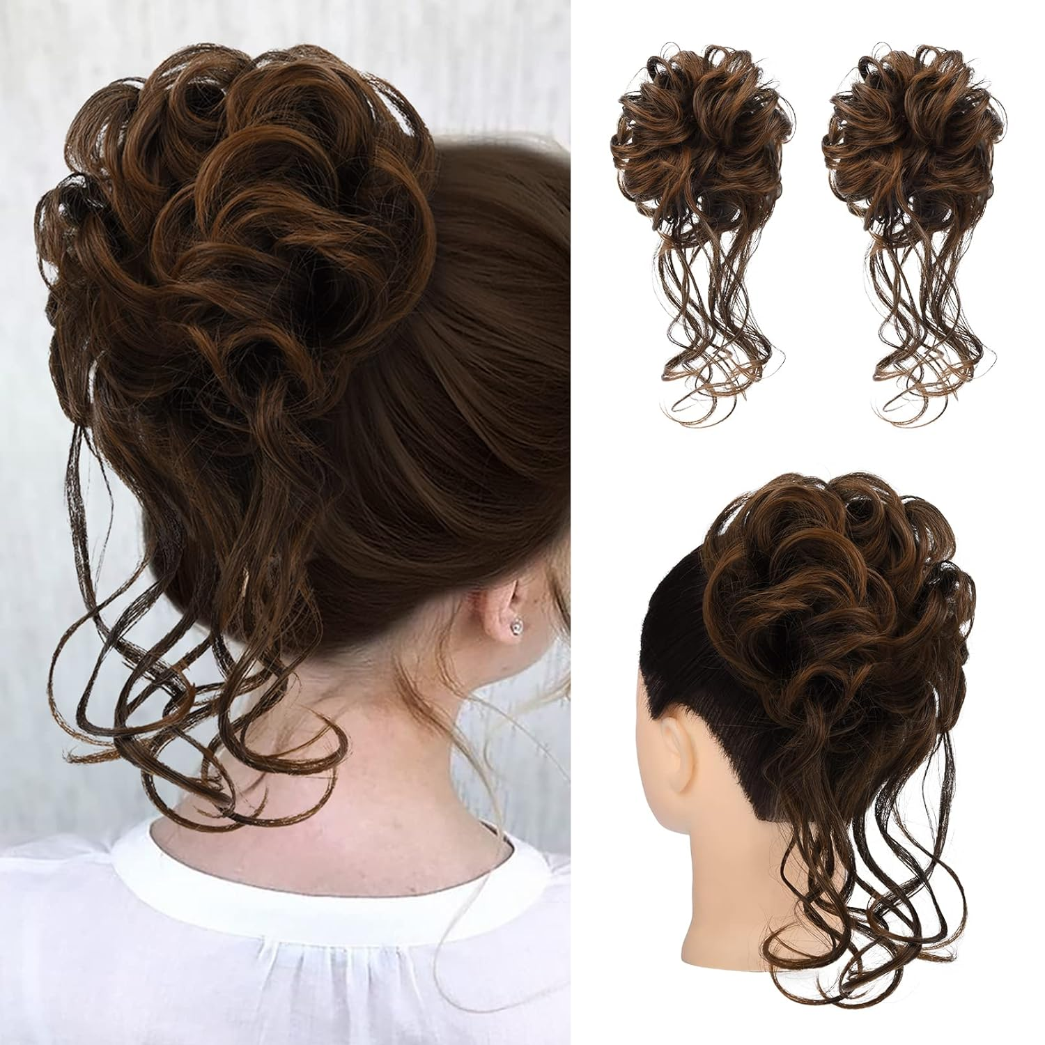 2PCS Messy Bun Hair Piece, Tousled Updo with Tendrils Bun Extensions Wavy Curly Hair Wrap Ponytail Hairpieces Scrunchies for Women HB010 Dasiy - Black Brown with Golden Brown Mixed