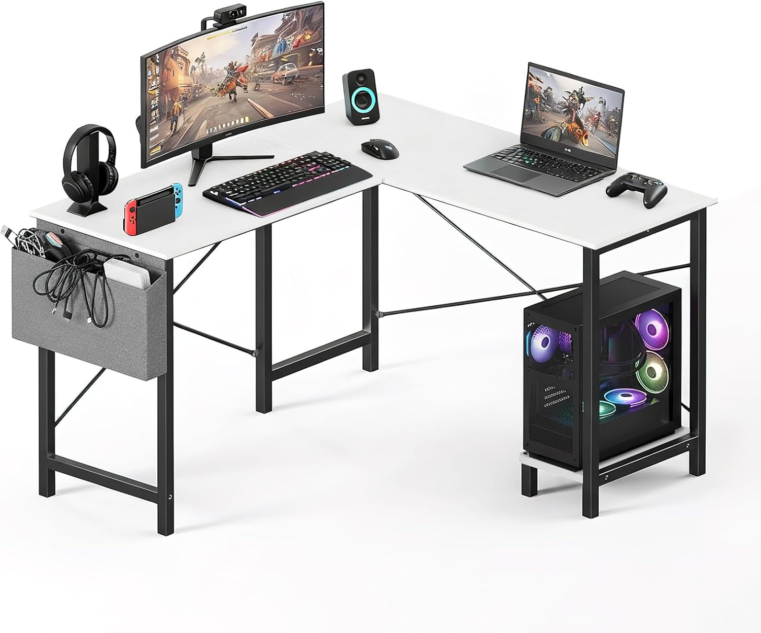 L Shaped Desk, 50-Inch Office Computer Gaming Desks Corner PC Table with Side Bag and Reversible Shelf for Home Work Study Writing White