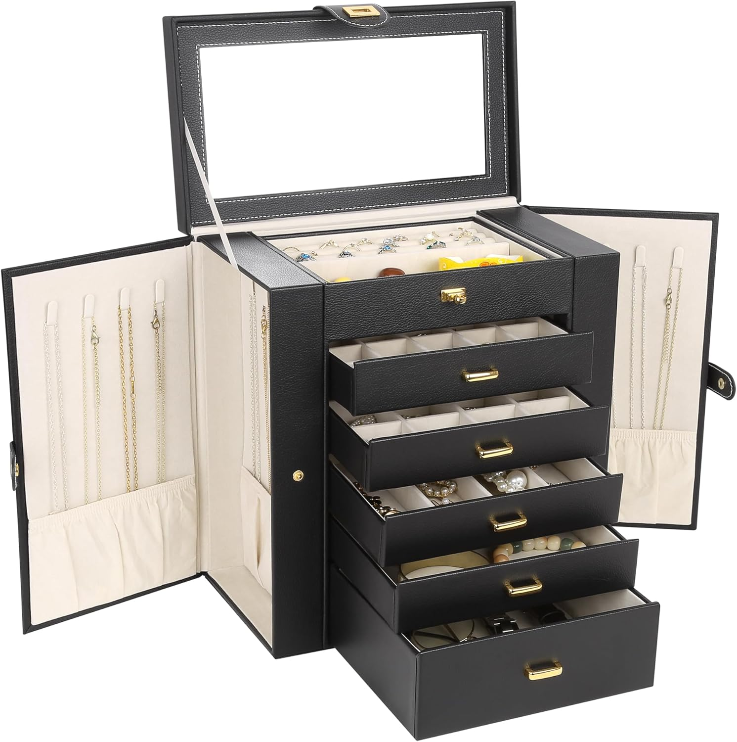 Caja joyas grande cuero sint 6 niveles 5 cajones espejo organizador relojes reg