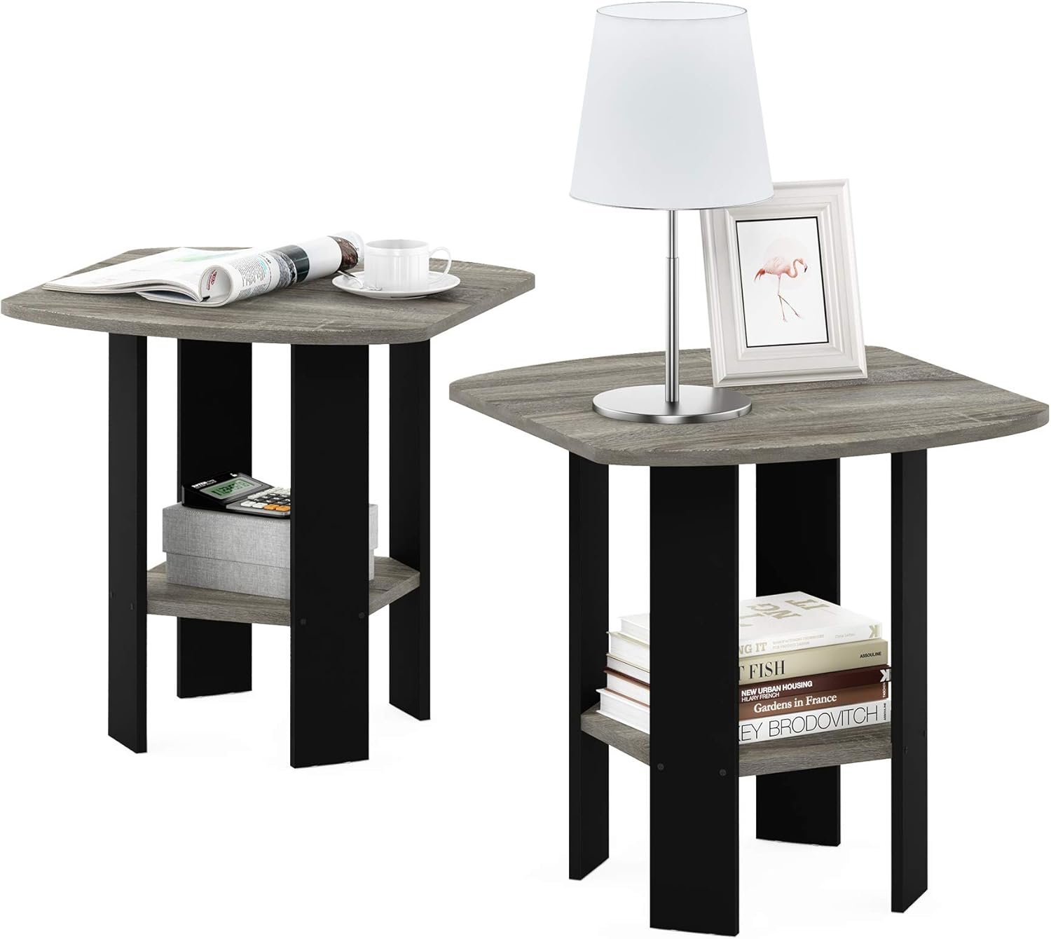 Furinno SIMPLE DESIGN Side Table Set of 2, 2-Tier Modern End Table with Soft Edges, Open Shelves Night Stand, Bedside Table, for Living Room, Bedroom, French Oak