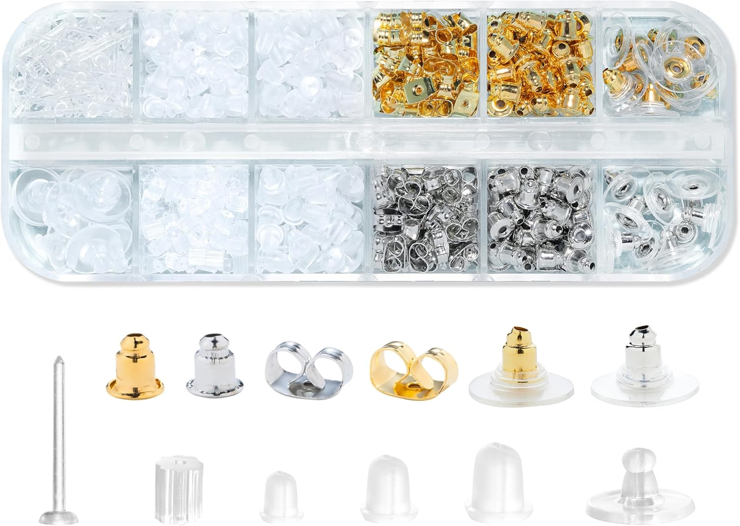 12 Styles 600 Pcs Earring Backs for Studs, Clear Plastic Earrings Hypoallergenic Metal Rubber Silicone Earring Backs Bullet Clutch Stoppers Replacement Kits for Fish Hook Earring Studs Hoops
