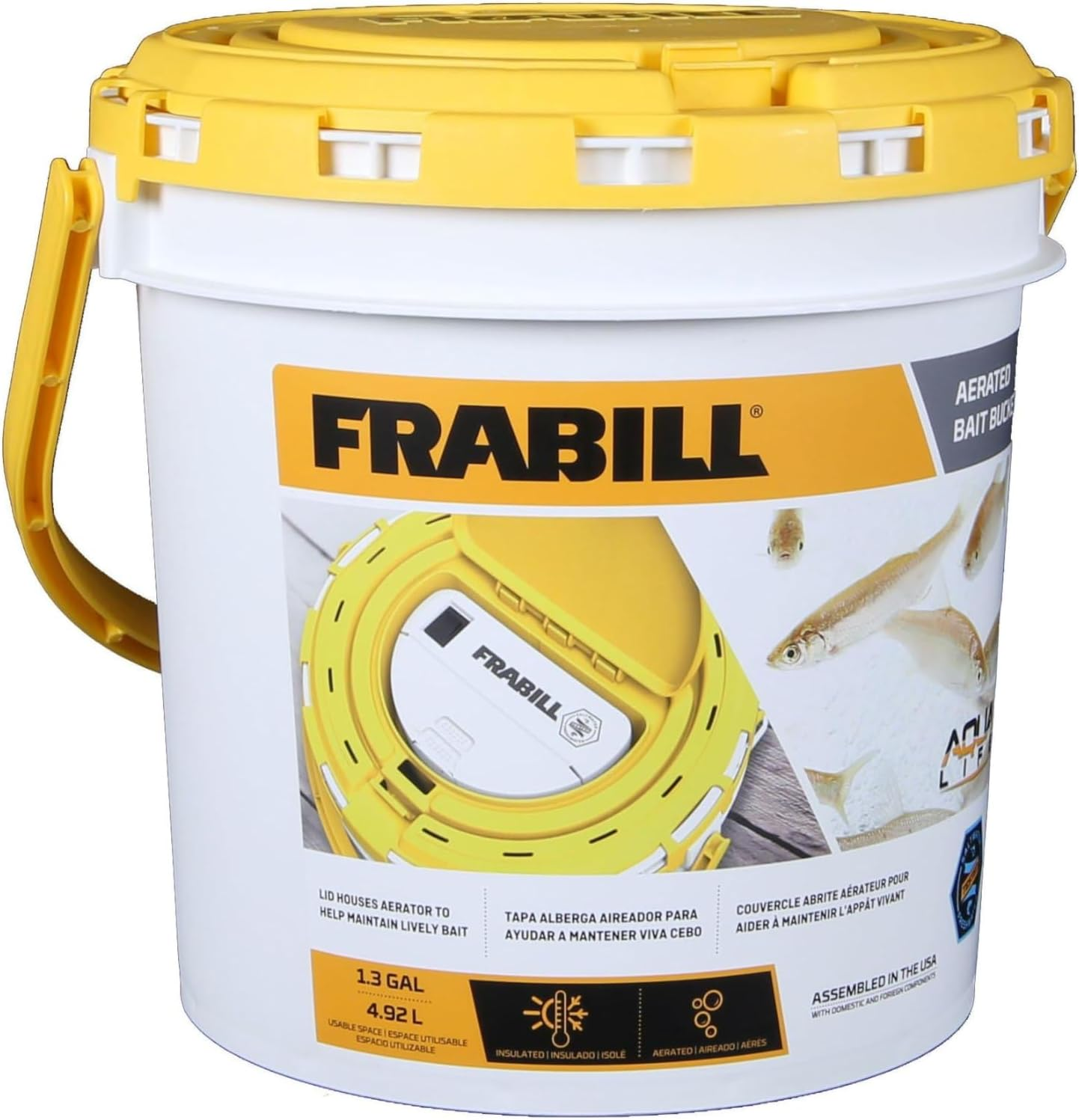 Frabill 4825 Insulated Bait Bucket with Built in Aerator, White and Yellow, 1.3 Gallons