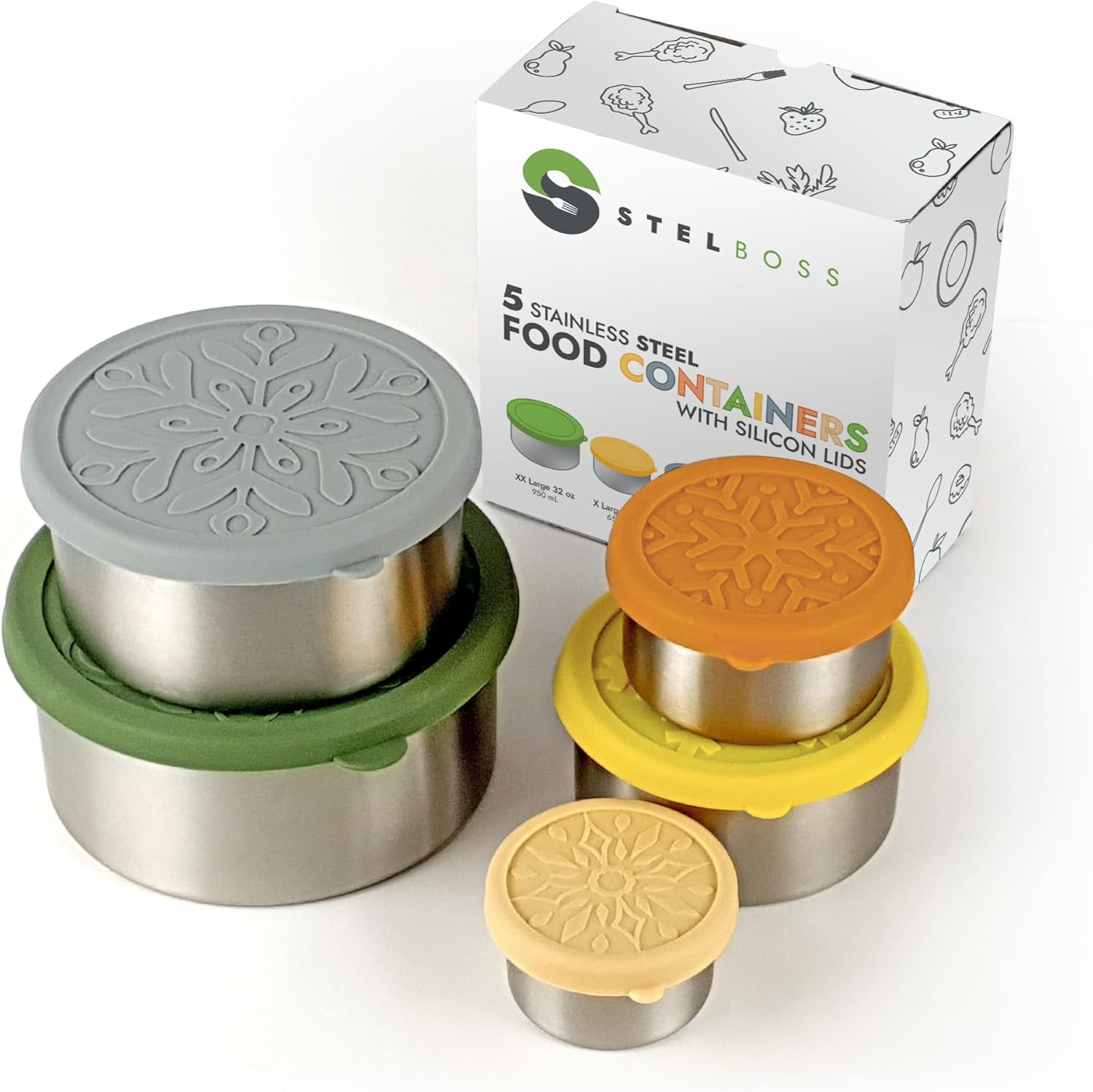 Stainless Steel Containers with Lids, Set of 5, Leakproof Stainless Steel Food Containers, Metal Food Storage Container, Stackable Toddler Snack Containers, Lunch Box Containers