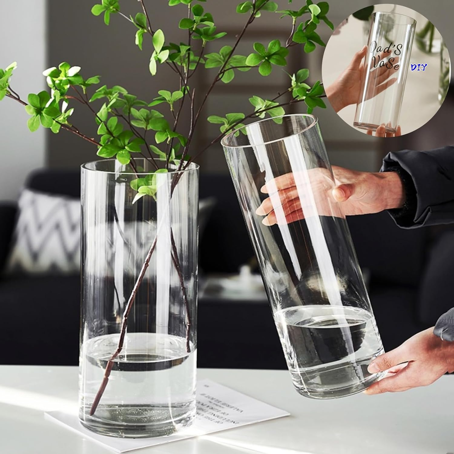 Acrylic Cylinder Plastic Vase for Centerpiece, Unbreakable Hurricane Tall Large Plastic Vases for Proposals Wedding, Hydroponic Decor Base Set of 2 with DIY Stickers(D 4