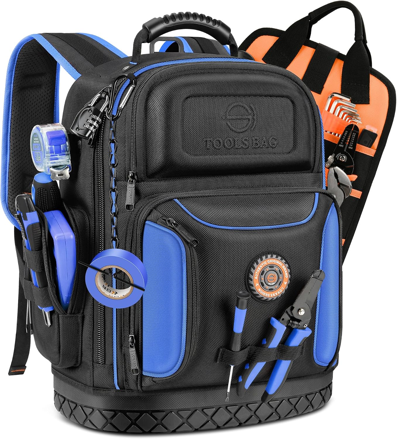 Tool Backpack Bag, Durable Electrician Backpack Tool Bag for HVAC with Waterproof Molded Base, Construction Work Heavy Duty Tools Organizer Bags with Combination Lock Large - Blue