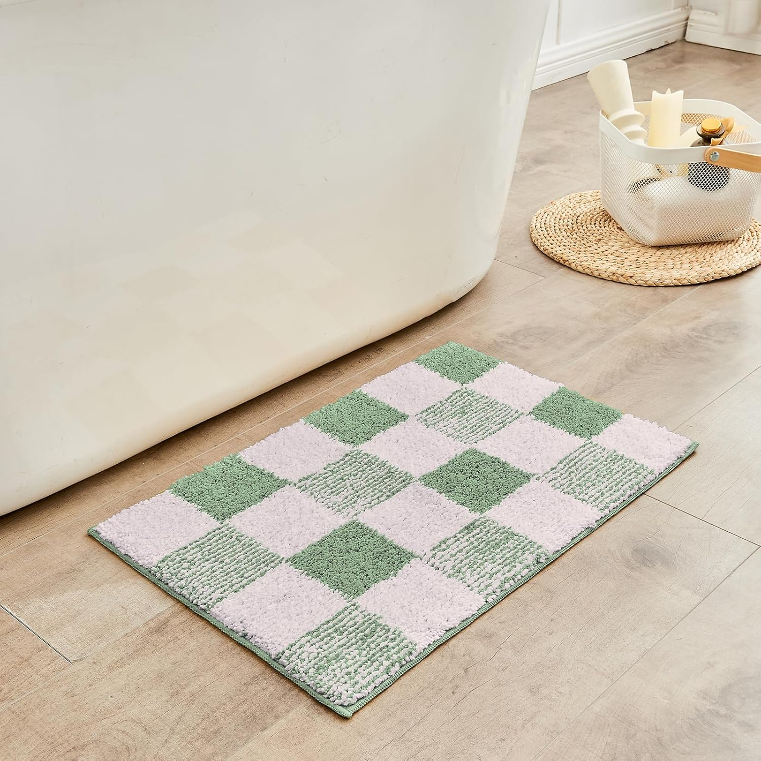 Checkered Bath Mats for Bathroom Non Slip, Fluffy Absorbent Microfiber Bath Mat Washable, Aesthetic Bathroom Rugs, Cute Bath Mat for Shower Sink, Sage Green, 24