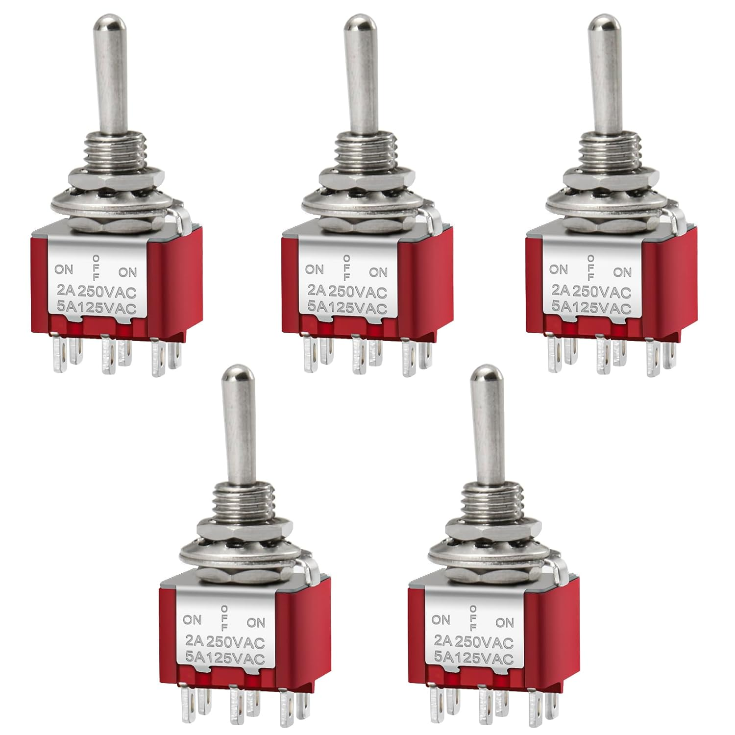 Mini Toggle Switch, MTS-223, (On)-Off-(On) Momentary Type, DPDT, 6 Pin, 2A 250V, 6A 125V, Pack of 5