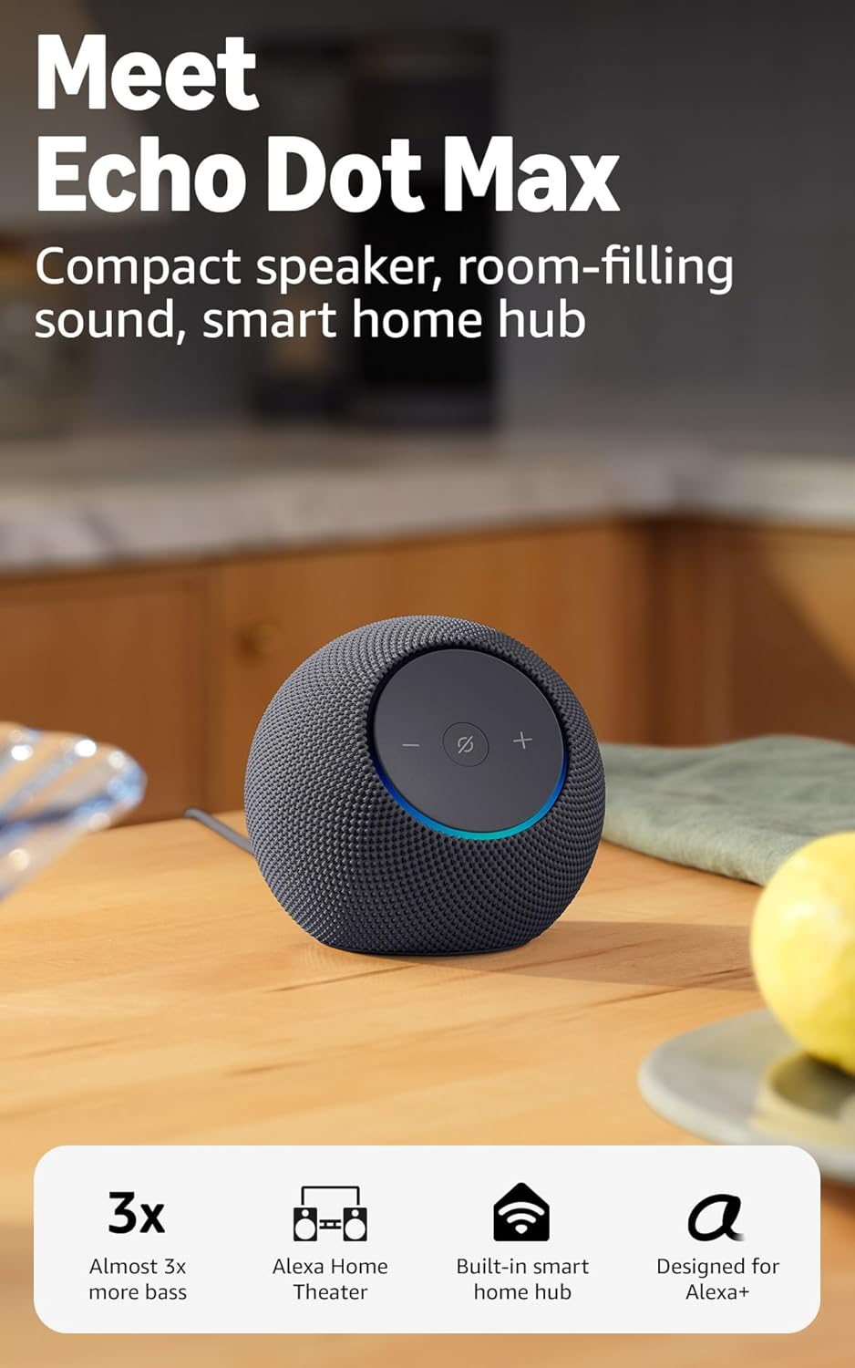 Amazon Echo Dot Max (Newest Model), Alexa Speaker with Room-Filling Sound and Nearly 3X Bass, Great for Living Rooms and Medium-Sized Spaces, Designed for Alexa+, Graphite