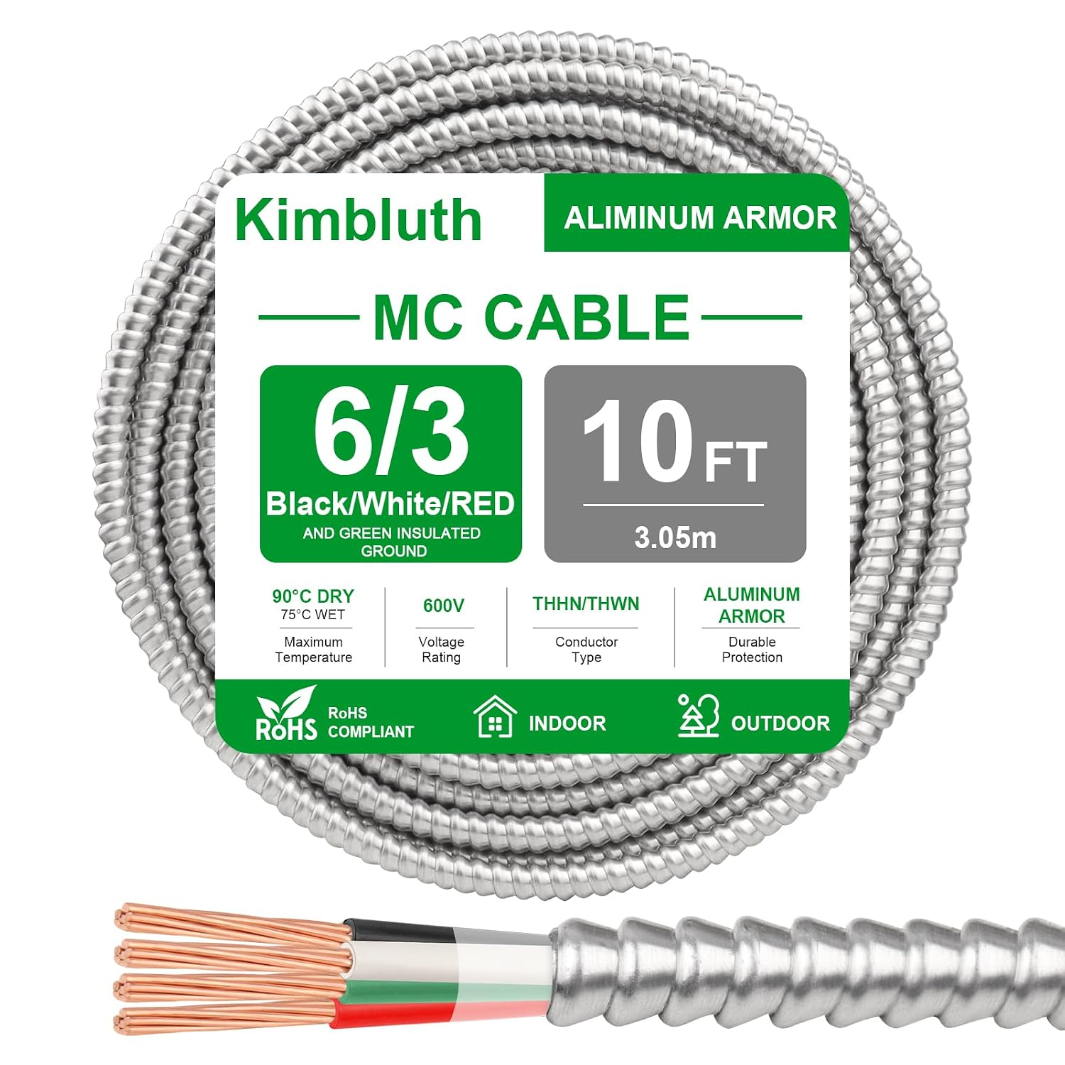 6/3 Metal Clad (MC) Cable with Ground 10Ft, 6 Gauge Electric Wire with Aluminum Armor, Solid Bare Copper Conductors for Indoor Outdoor Underground Embedded Installation (6/3, 10 FT)