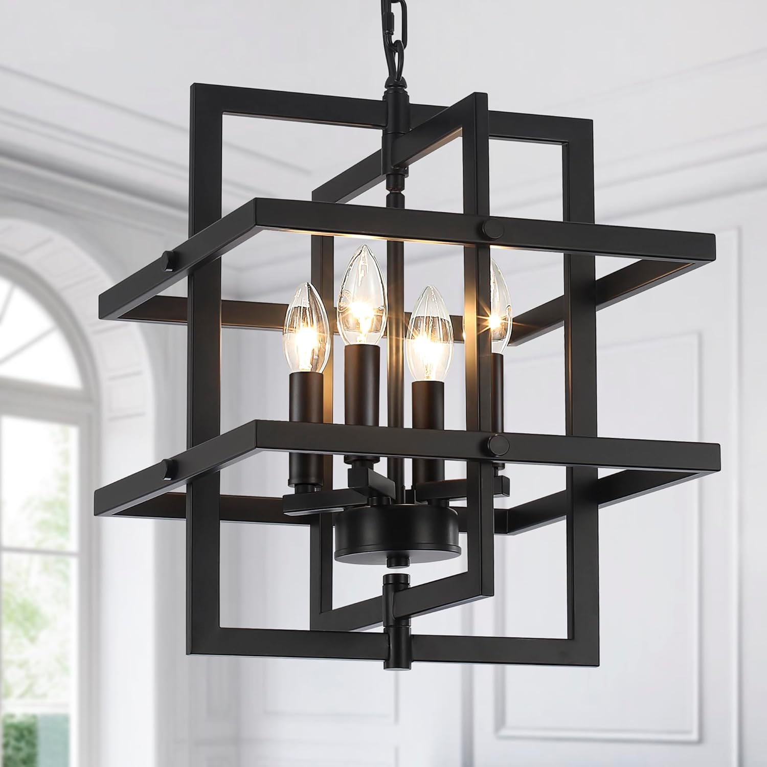 Industrial Black Rectangle Chandelier - Adjustable Pendant Light for Home
