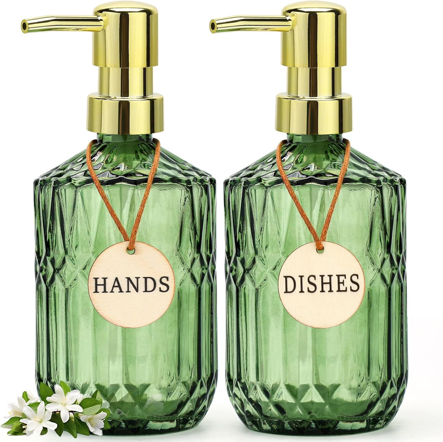 Green Glass Soap Dispenser (15.4 Oz 2 Pack) Kitchen Hand and Dish Soap Dispens
