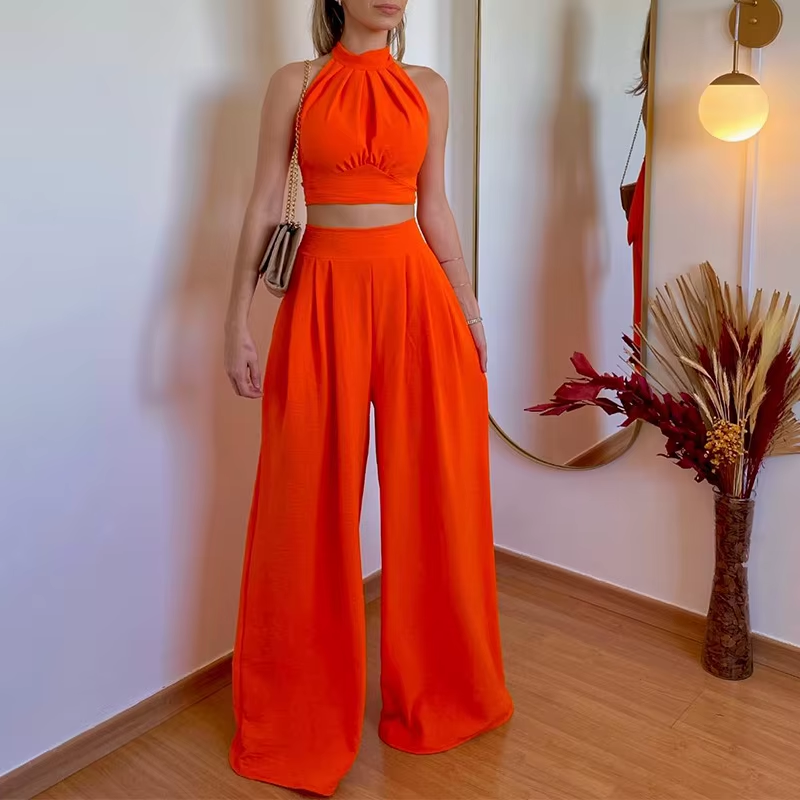 Fashion Casual Solid Style Two-Piece Suit Hanging Neck Slim Temperament High Waist Trousers Wrapped Chest Pressure Formal 2Pcs