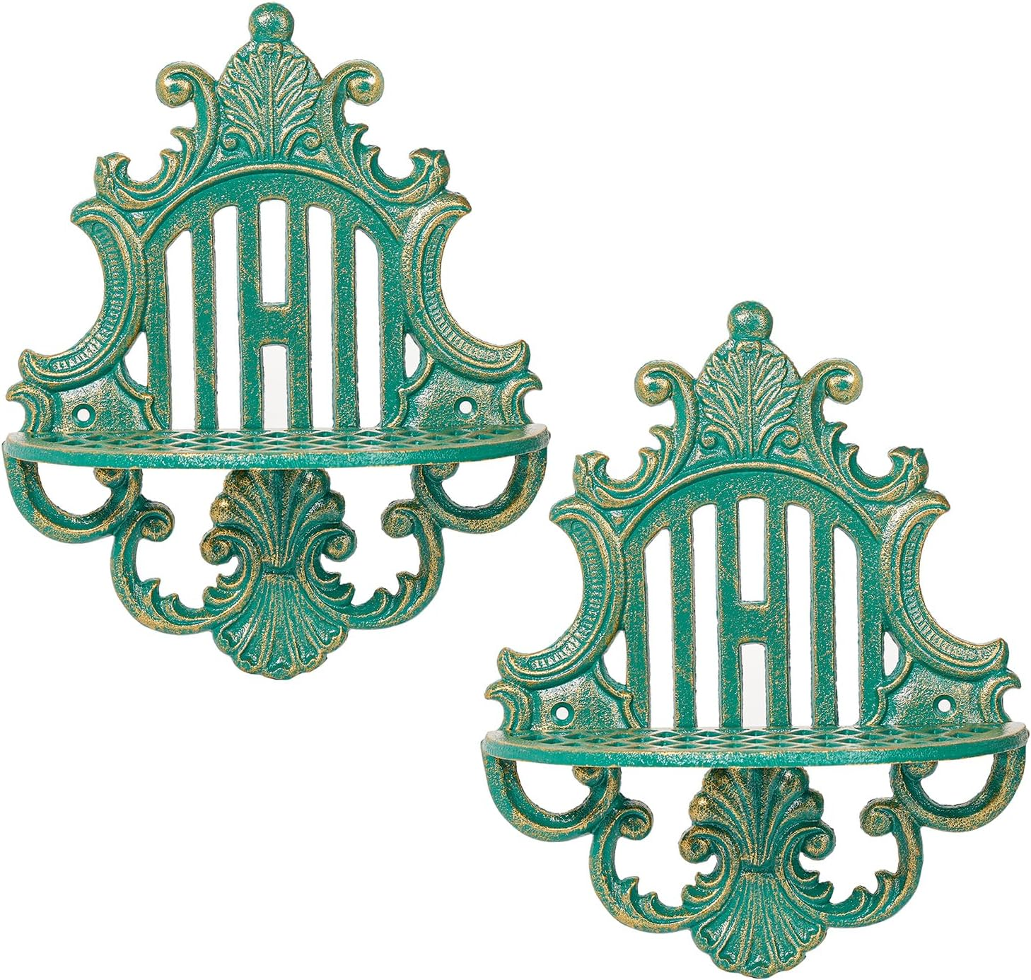 2PC Gothic Floating Shelves for Wall, Heavy-Duty Cast Iron Wall Mounted Shelf, Small Old-Fashioned Wall Display Ledges, Pretty Greenish-Blue Wall Hanging Shelves for Indoor Outdoor Wall Decor