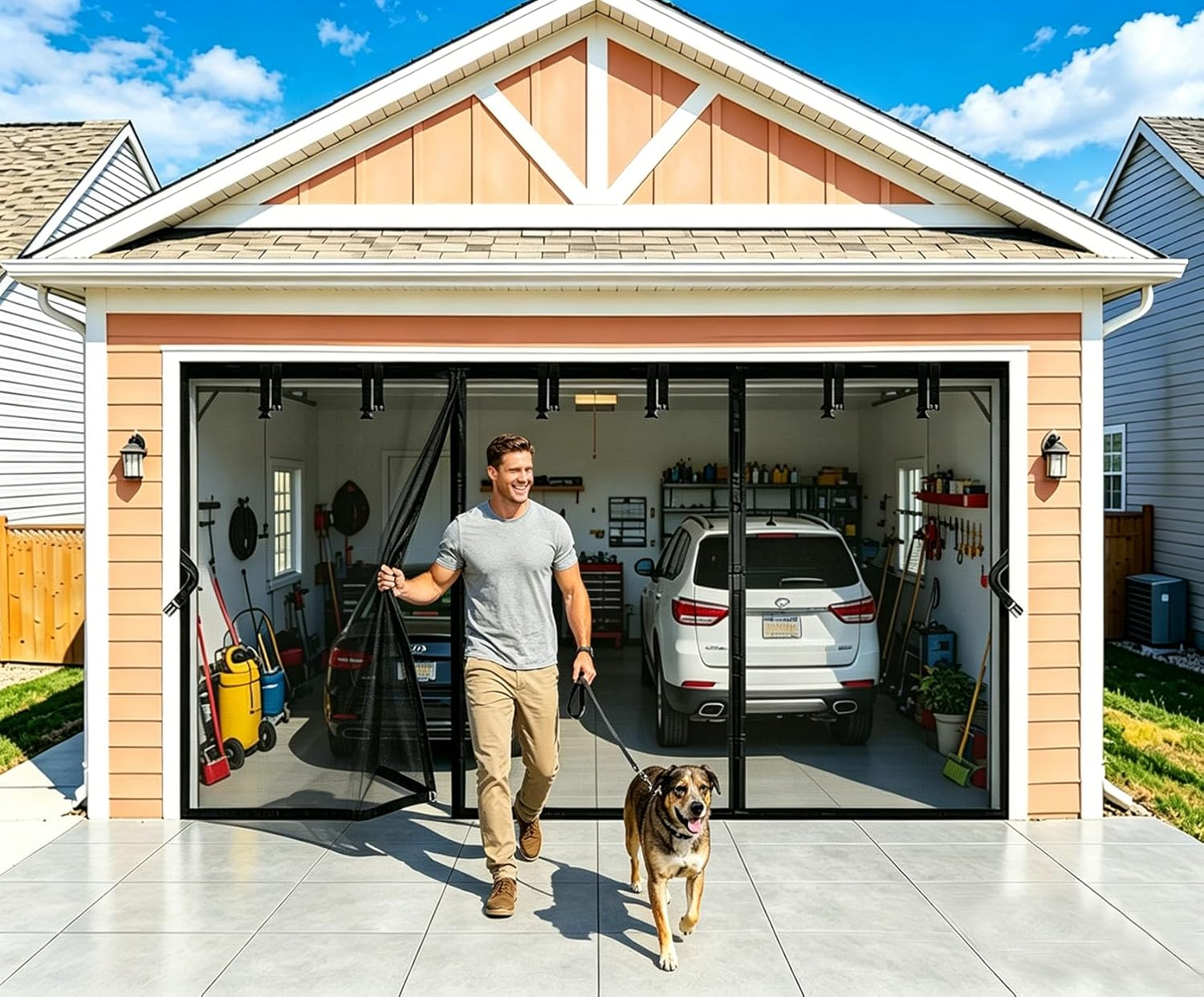 Garage Door Screen Kit 16X8Ft with Magnetic Closure - Garage Net, Heavy-Duty Fiberglass Mesh for 16X8 FT 2 Car Garage, Blocks Bugs & Provides Privacy - Perfect for Patio Workshop Gym Porch