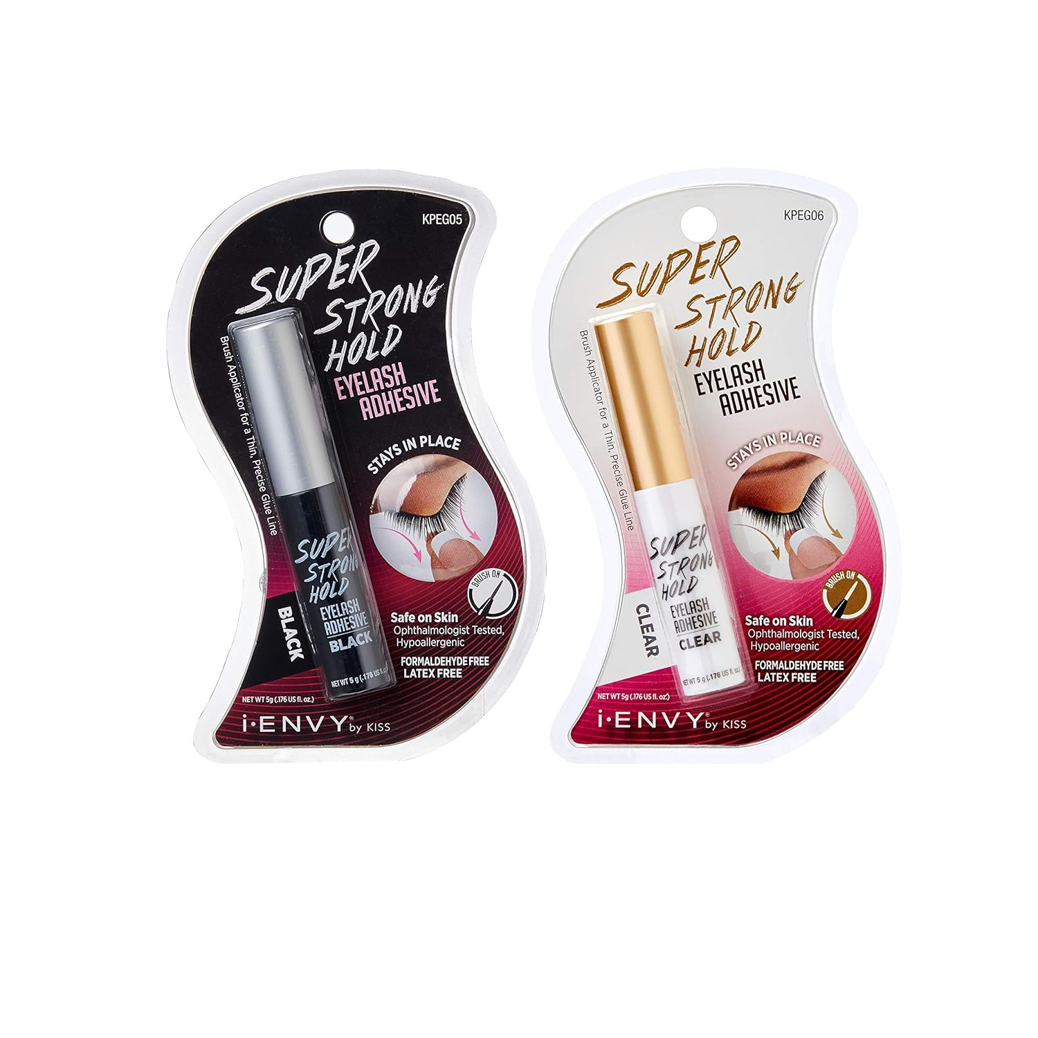 Super Strong Hold Eyelash Adhesive, Waterproof, 48-Hour Long-Lasting Lash Glue, Latex-Free, Hypoallergenic, Quick-Drying with Brush-On Applicator for Strip Lashes (Black&Clear, 2 Pack)