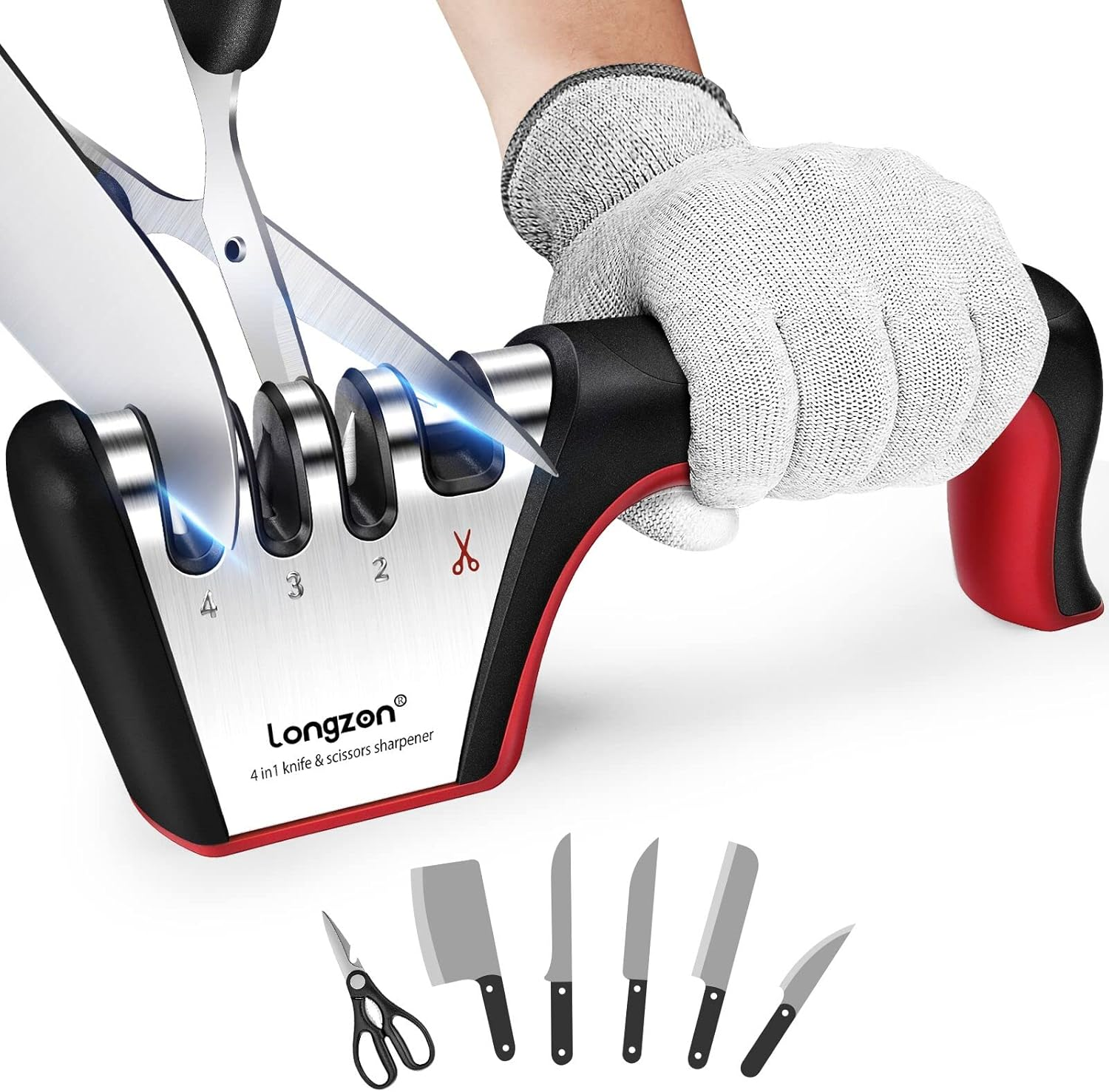 4-In-1 Knife Sharpener [4 Stage] with a Pair of Cut-Resistant Glove, Original Premium Polish Blades, Best Kitchen Knife Sharpener Really Works for Fruit and Steel Knives, Scissors