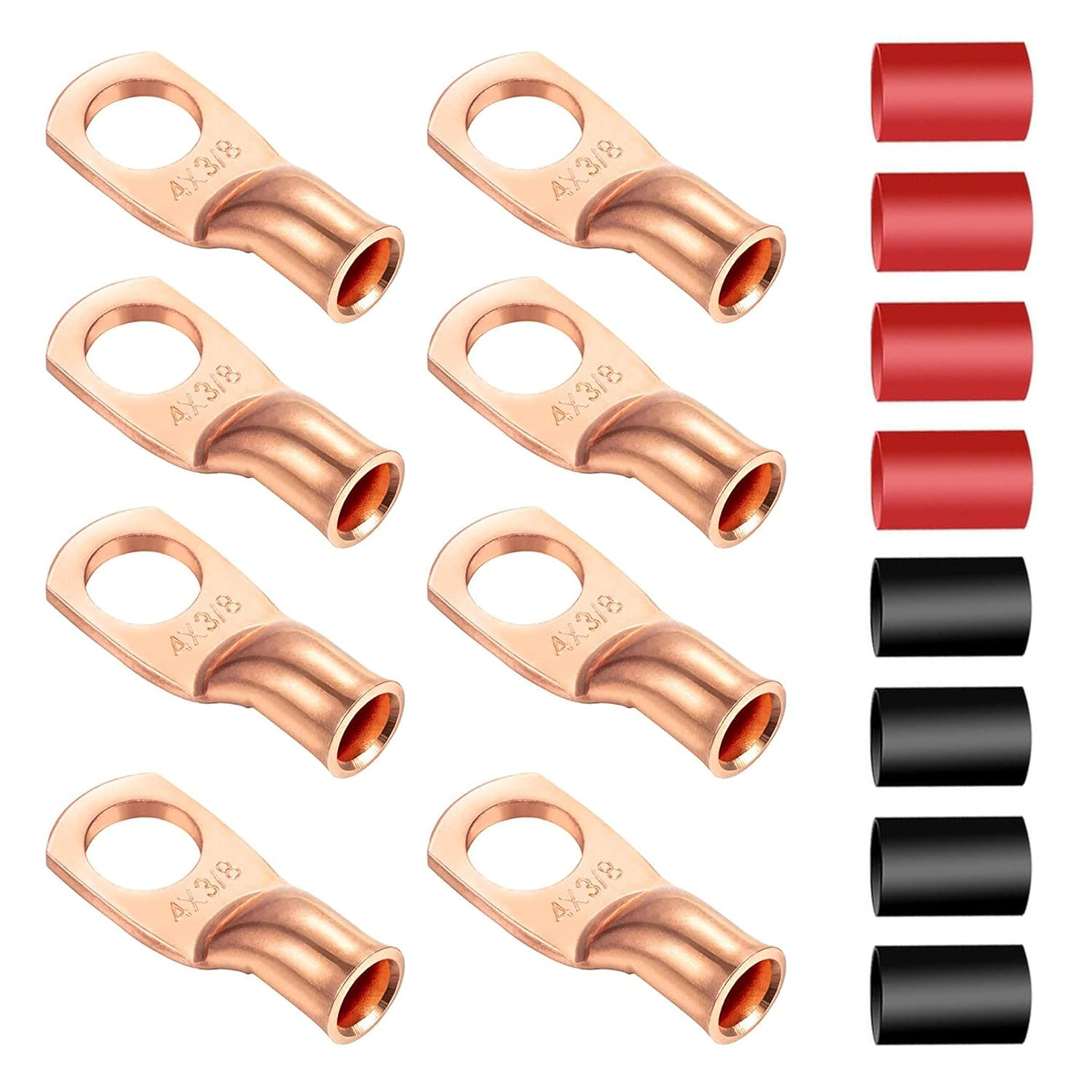 Copper Ring Terminal Connectors, 8-Piece, 4 AWG, 3/8 inch, Battery Cable Lugs, Electrical Wire Crimping Kit