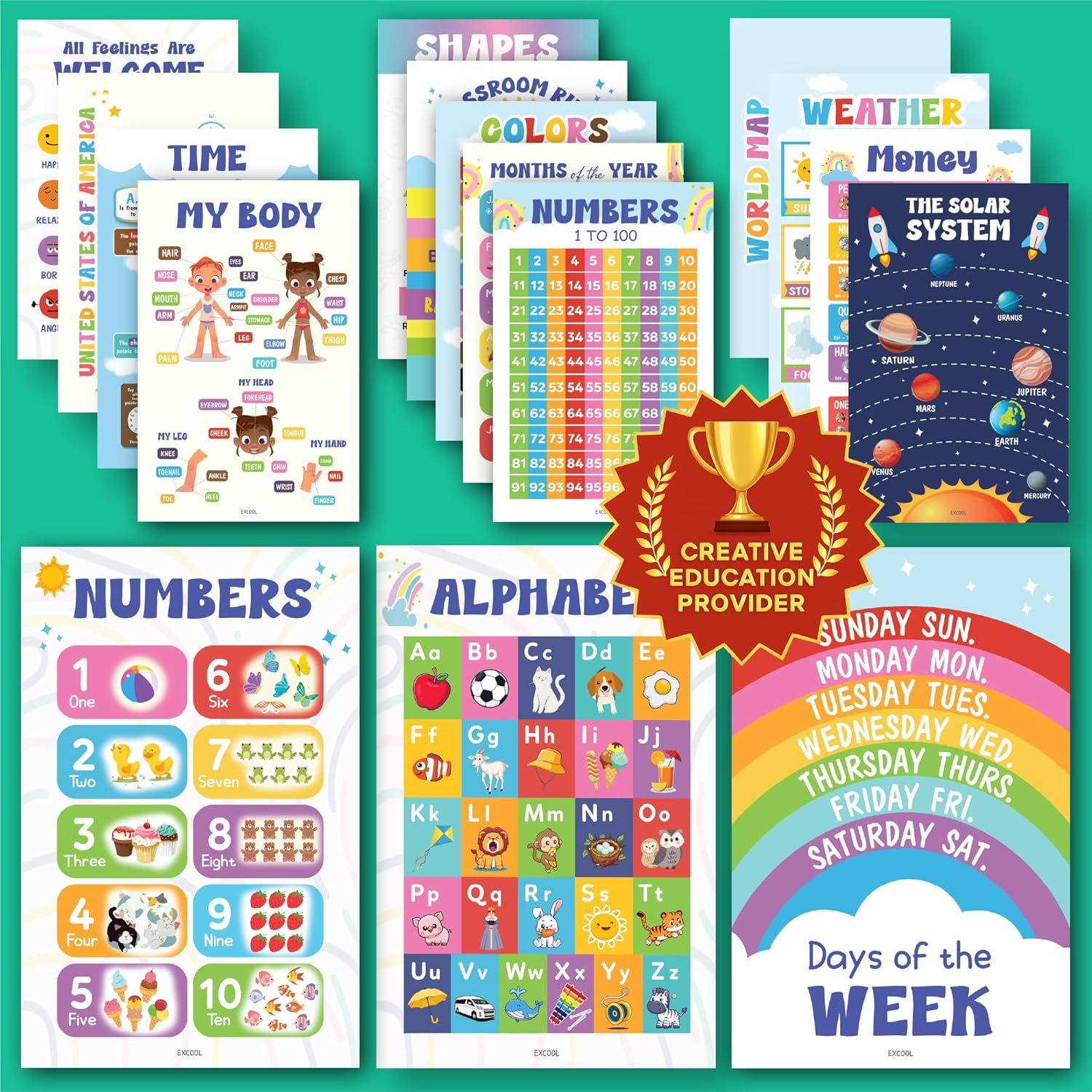 16 Colorful Educational Posters for Toddlers 1-3, Toddler Learning Posters for Kids Ages 3-5, Kindergarten Classroom Must Haves, Laminated Abc Number Chart Prek Classroom Decor Preschool