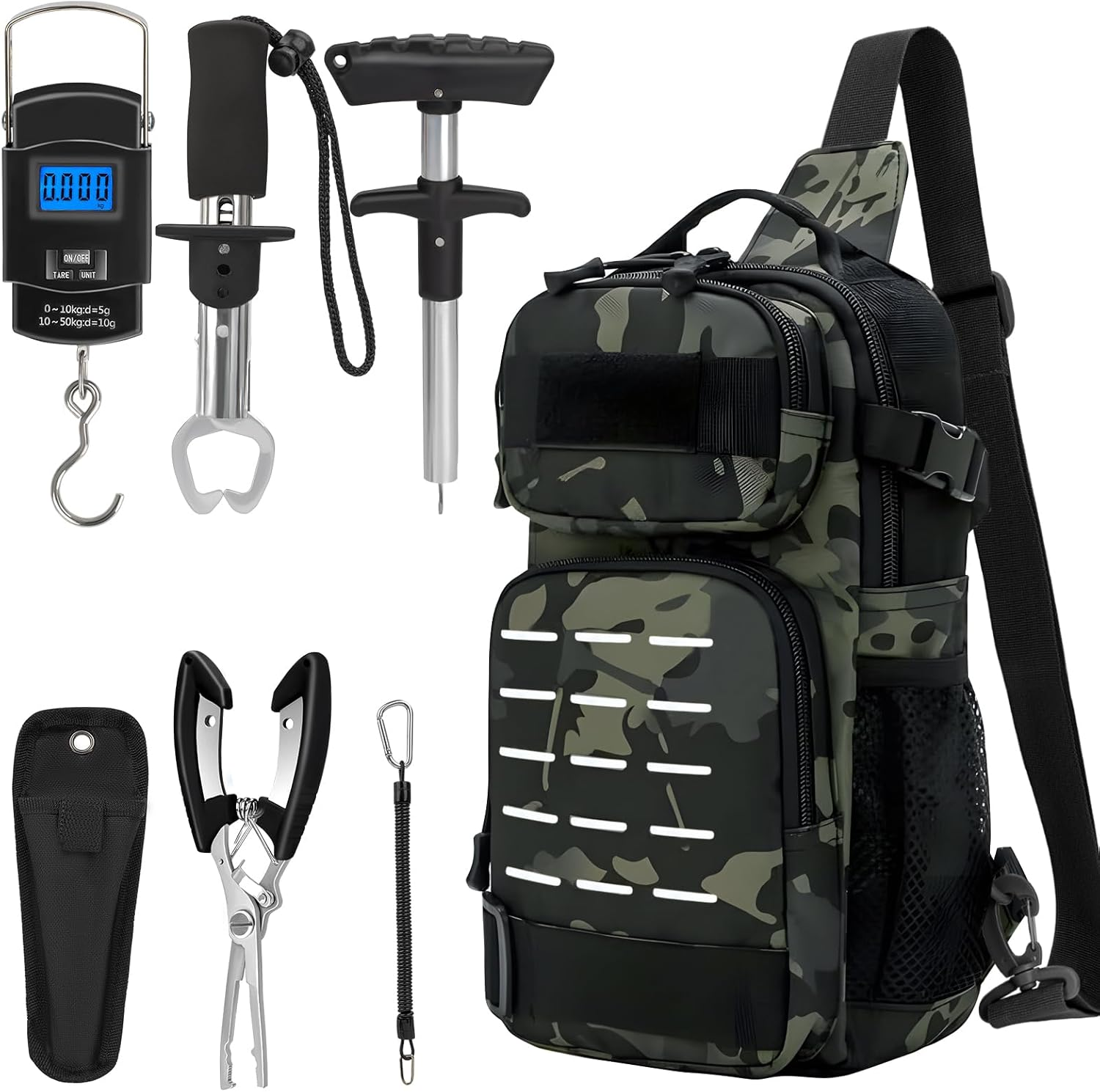 7Pcs Fishing Backpack with Fishing Pliers Kit, Tactical Fish Sling Tackle Bag Included Fishing Tackle Kit, Digital Fishing Gear Weight Scale, Fish Hook Remover Tools