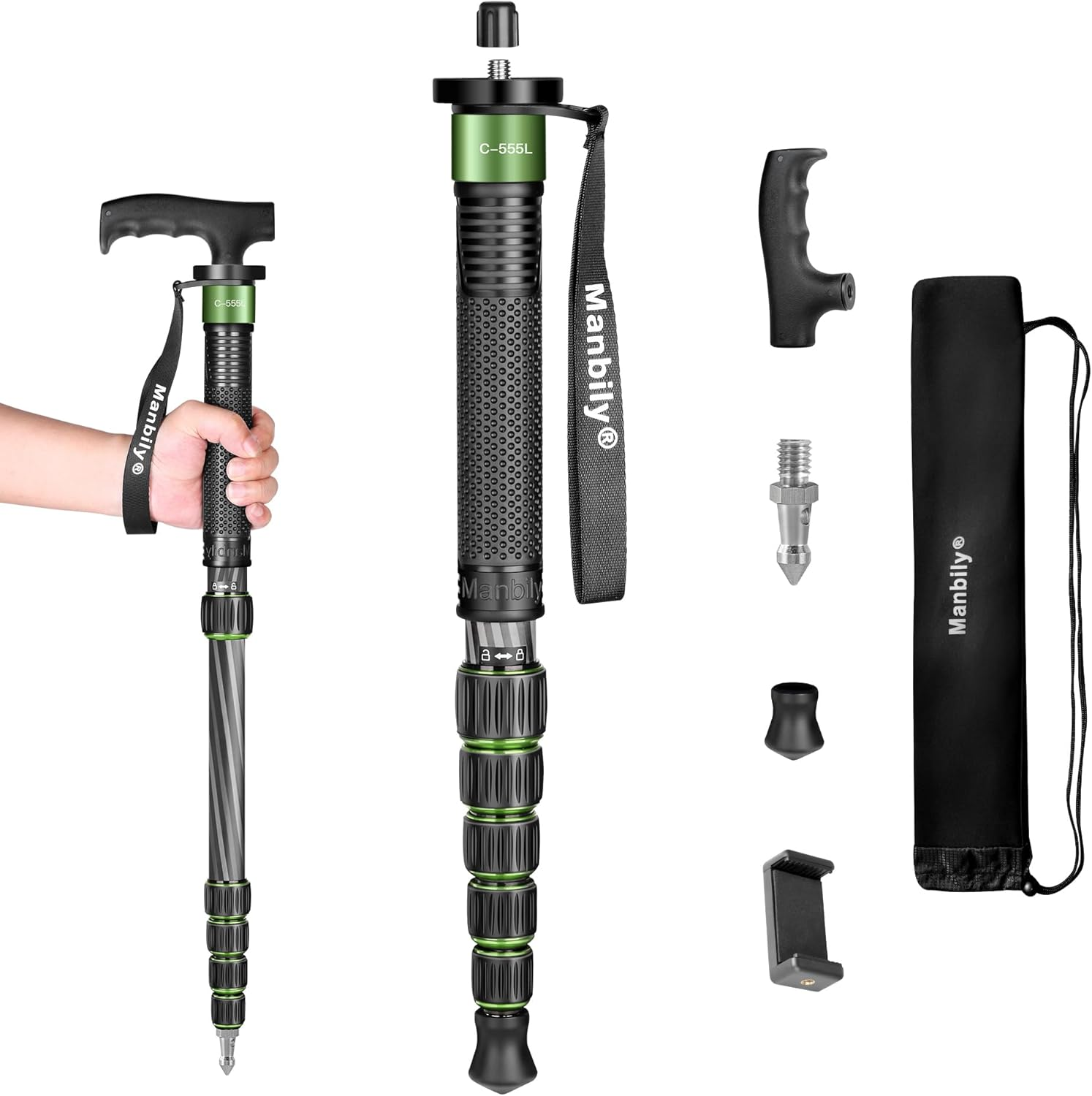 Camera Stand Monopod Manbily Walking Stick Monopods for Cameras Carbon Fiber Portable Compact Travel Monopod Unipod Stick with Handle 6 Sections 61Inches 15.4Lbs for DSLR Video Camcorder Stand (Green)