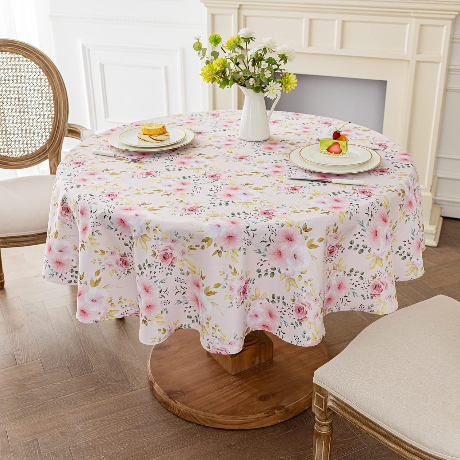 Joyfol Day Flower Tablecloth, Pink Floral Table Cloth for round Tables,Waterproof Resistant Rose Table Cover for Valentines,Parties,Wedding Use Spring/Summer (60 Inch Round)