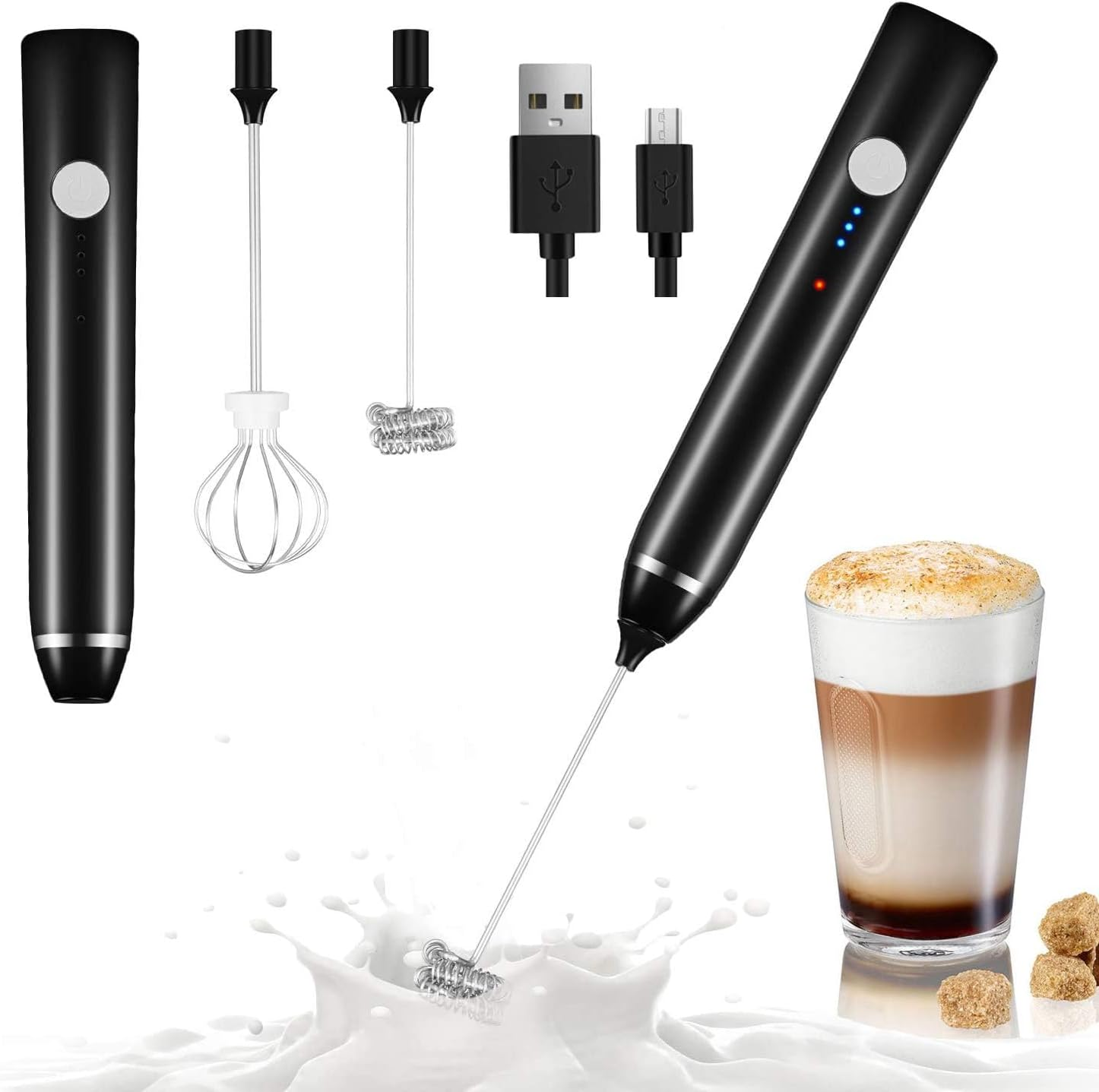 Milk Frother Handheld, USB Rechargeable Electric Foam Wand Maker for Coffee, 3 Speeds Mini Milk Foamer Drink Mixer with 2 Whisks for Bulletproof Coffee Frappe Latte Cappuccino Hot Chocolate